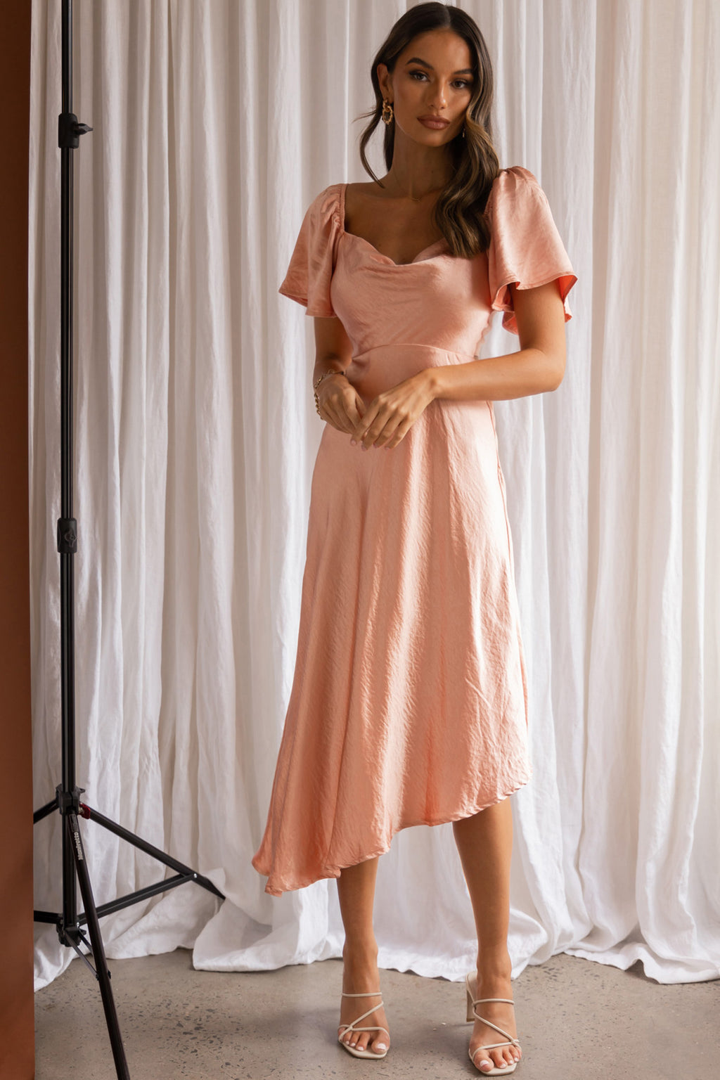 Grayson Tied Back Asymmetrical Midi Dress Peach by Selfie Leslie