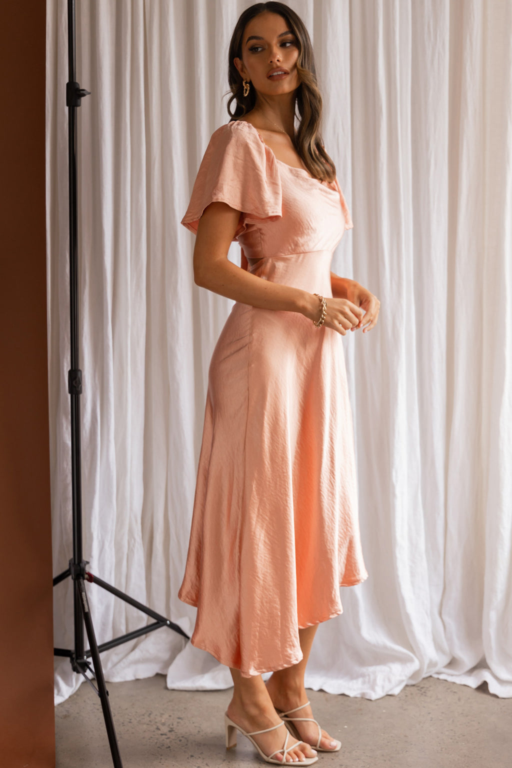 Grayson Tied Back Asymmetrical Midi Dress Peach by Selfie Leslie