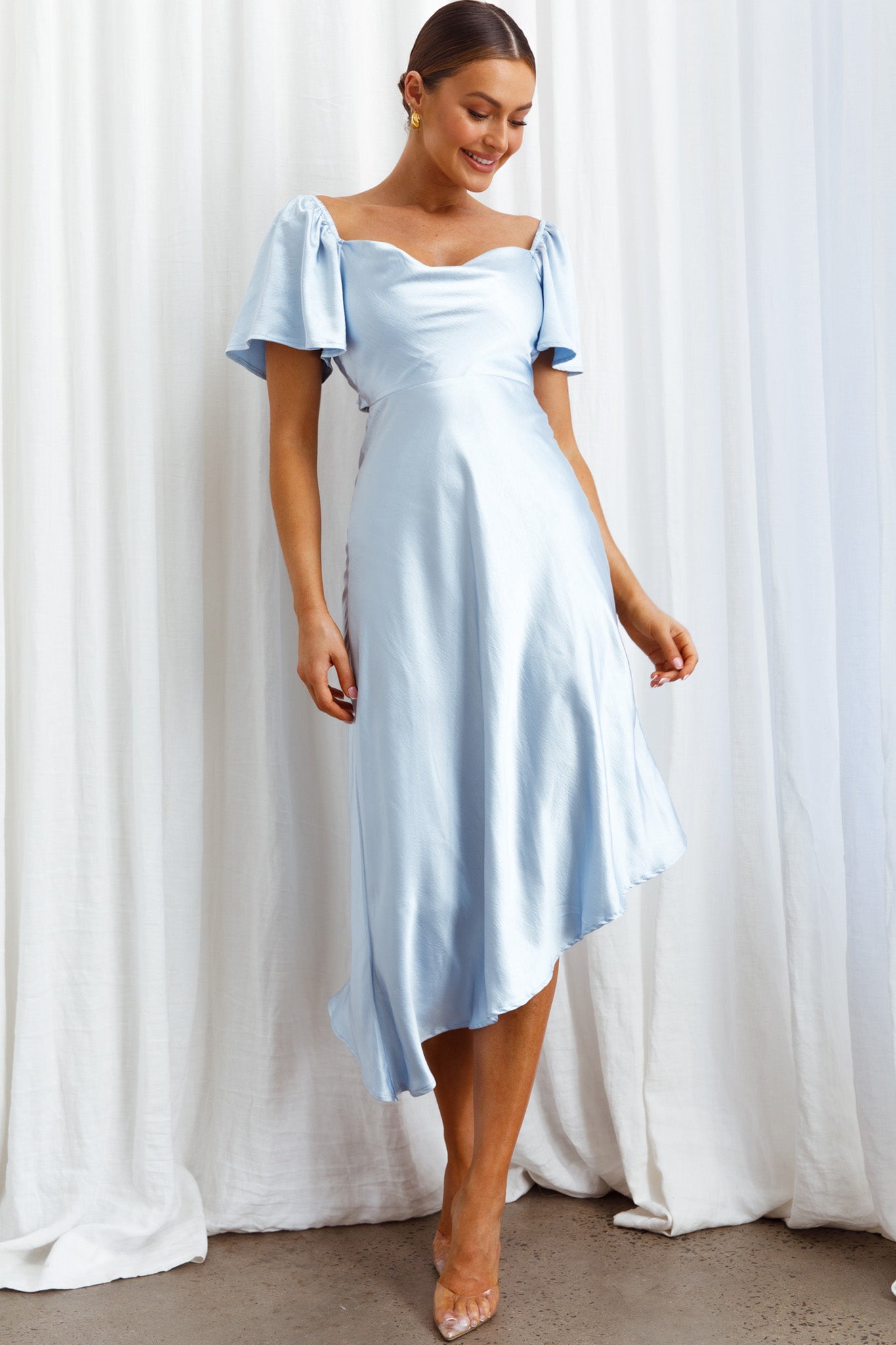 Grayson Tied Back Asymmetrical Midi Dress Steel Blue– Selfie Leslie