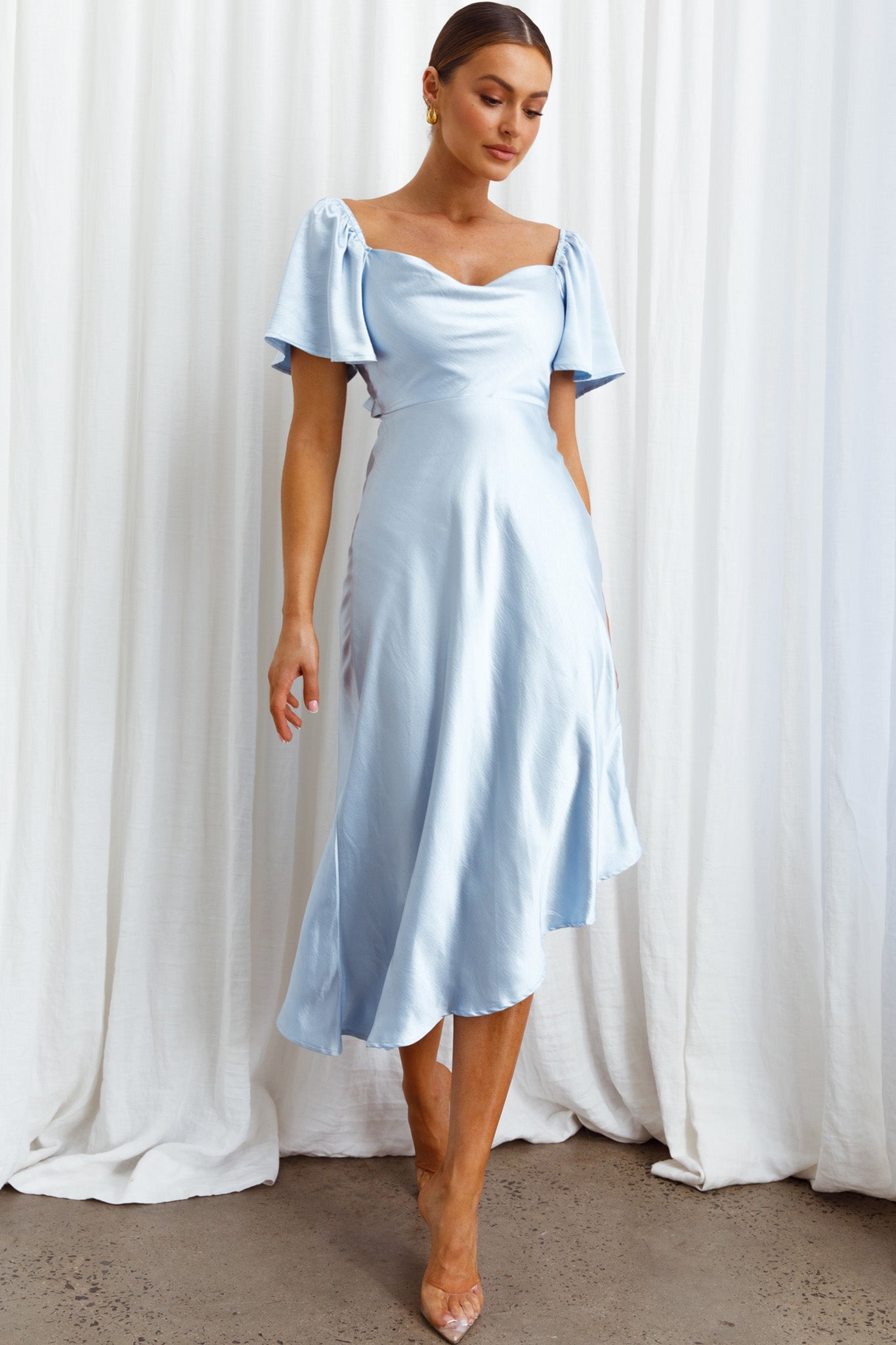 Women's Dresses Grayson Tied Back Asymmetrical Midi Dress Steel Blue S by Selfie Leslie