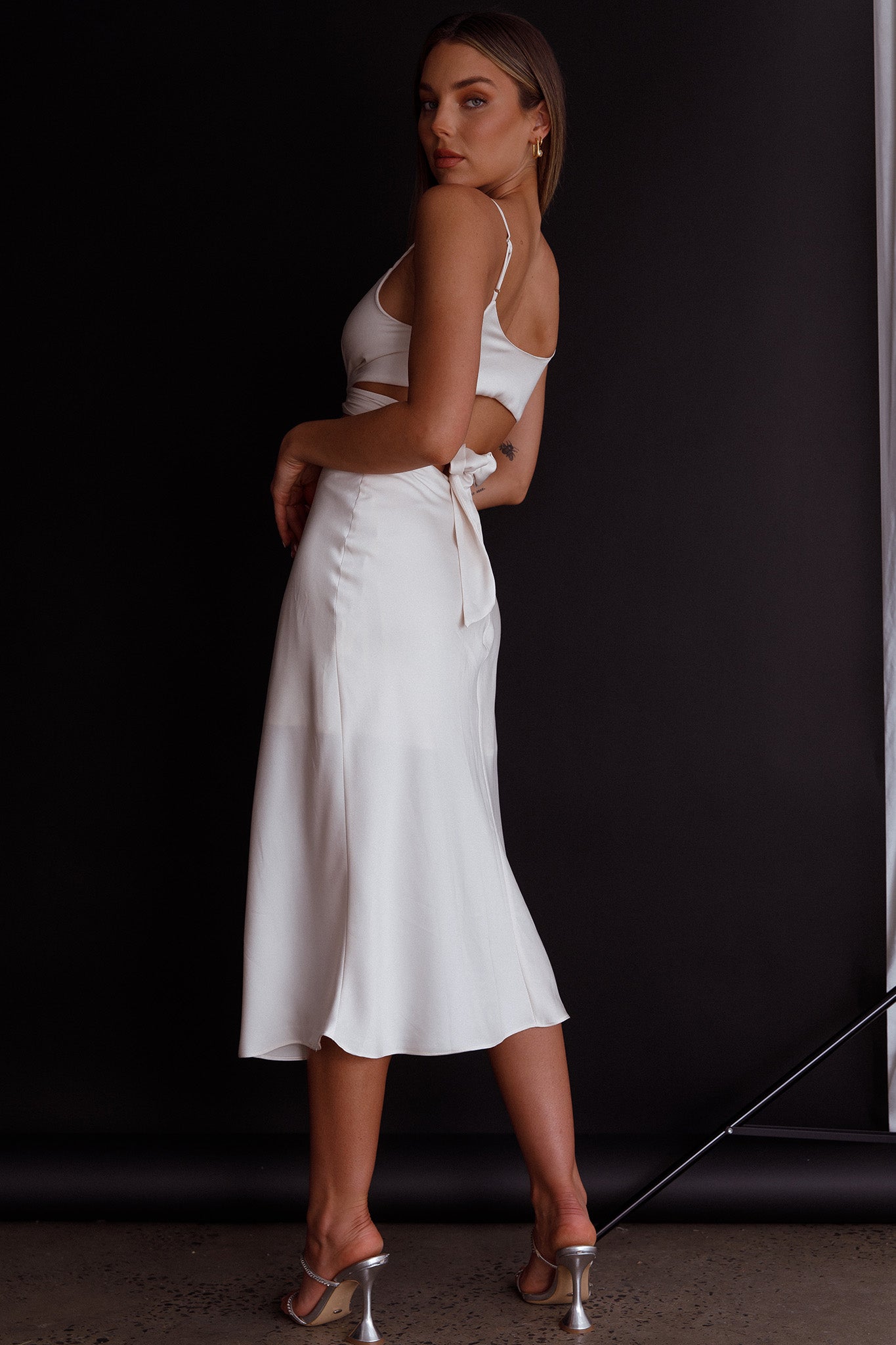 Dance With Me Crossover Bust Midi Dress Ivory by Selfie Leslie