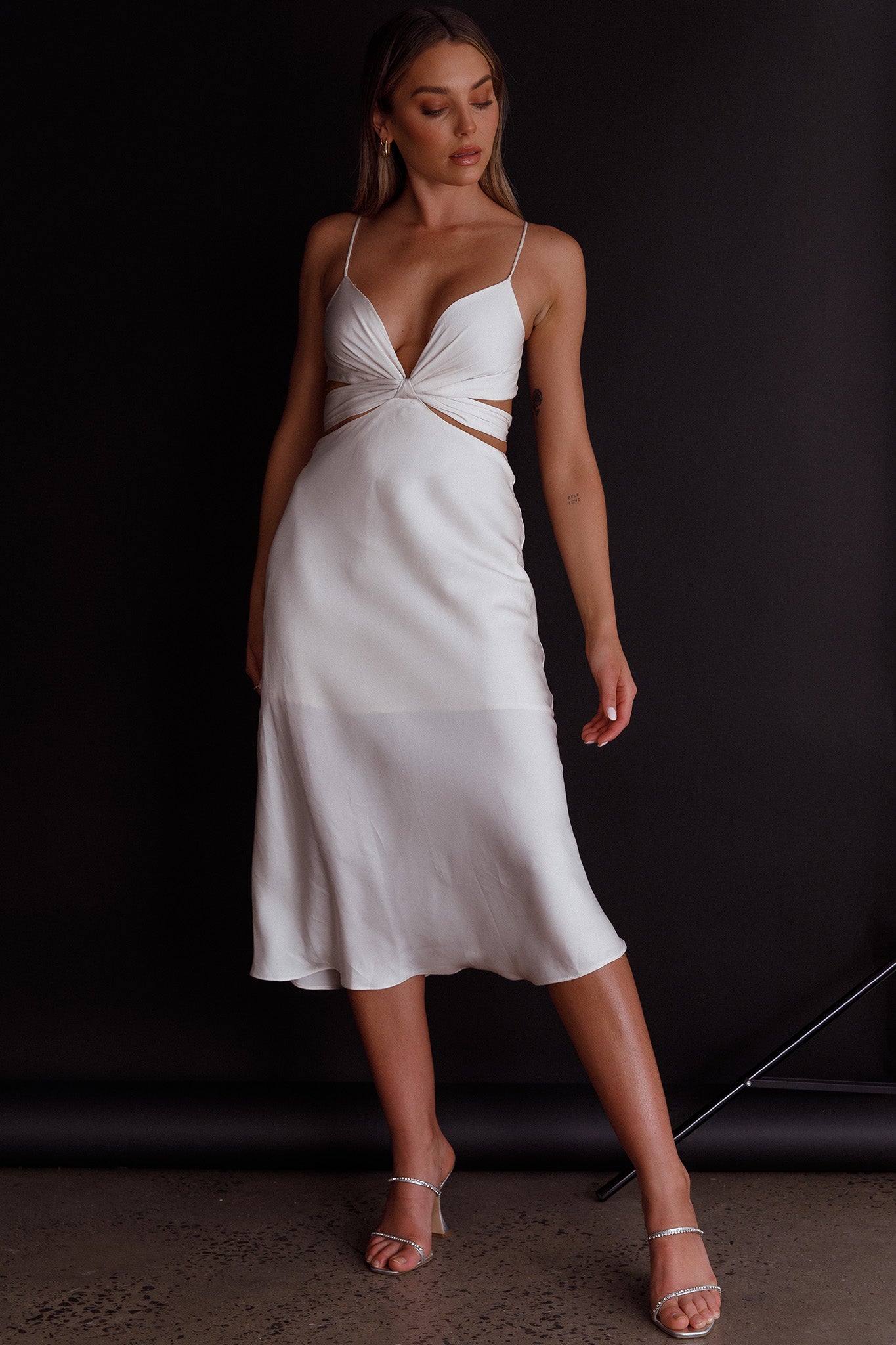 Dance With Me Crossover Bust Midi Dress Ivory by Selfie Leslie
