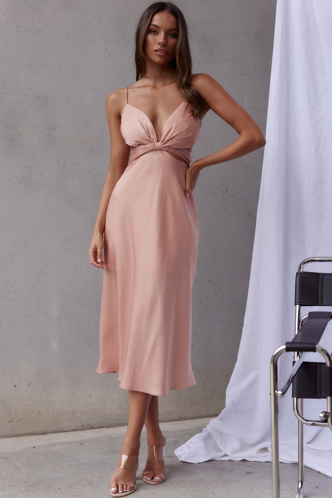 Dance With Me Crossover Bust Midi Dress Peach by Selfie Leslie