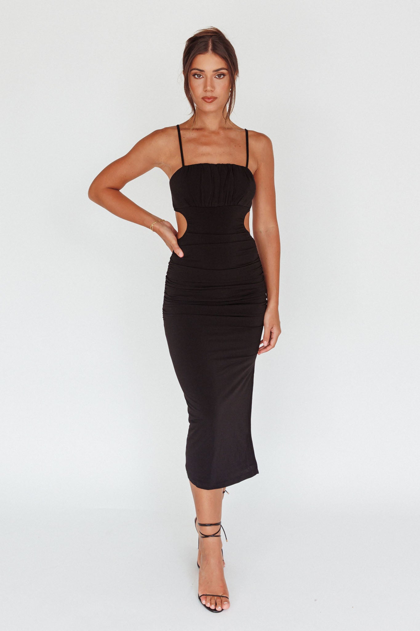 knee length dresses for ladies Mary Jane Gathered Bust Tie Back Midi Dress Black– Selfie Leslie