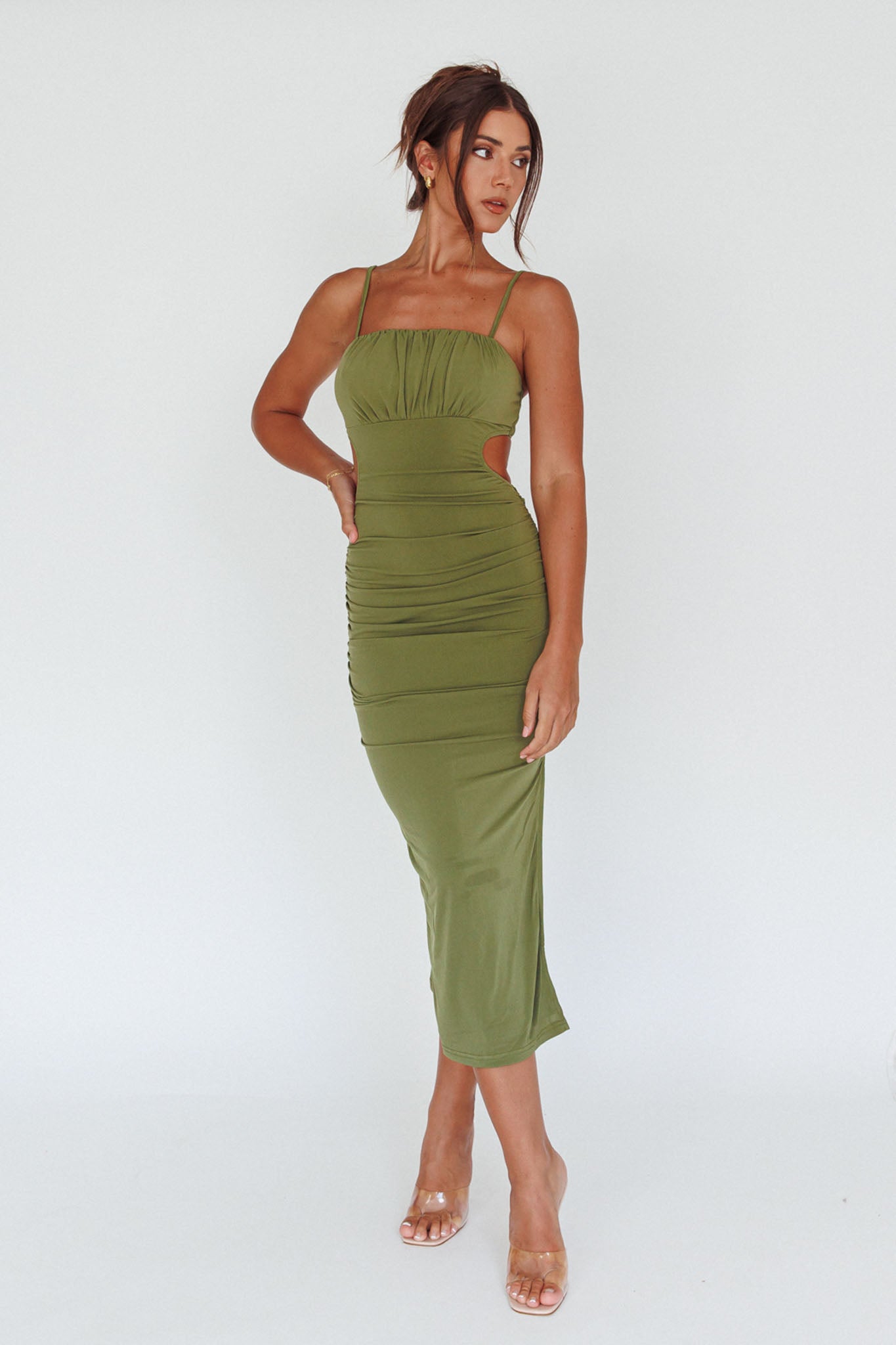 Mary Jane Gathered Bust Tie Back Midi Dress Olive by Selfie Leslie