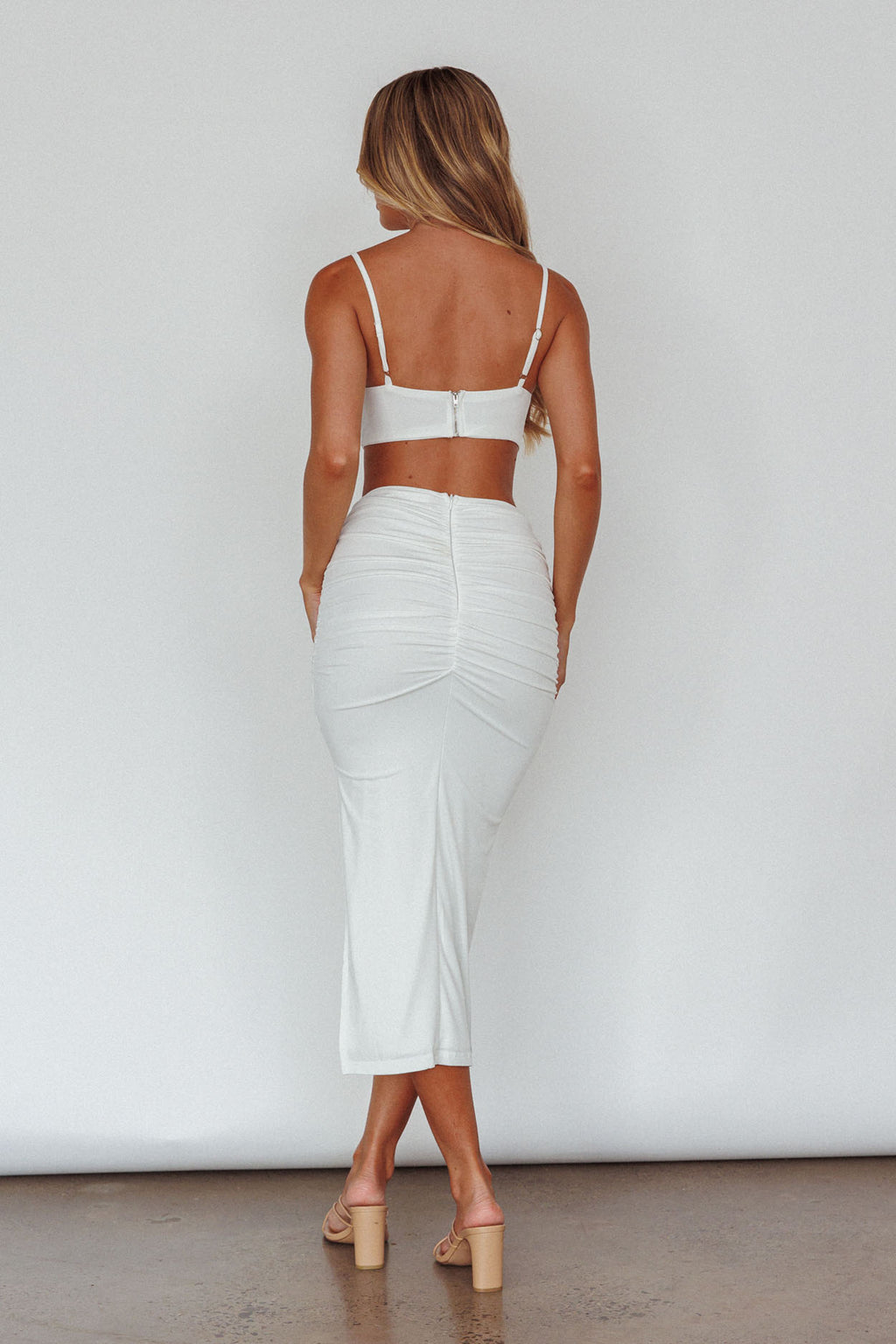 Mary Jane Gathered Bust Tie Back Midi Dress White by Selfie Leslie