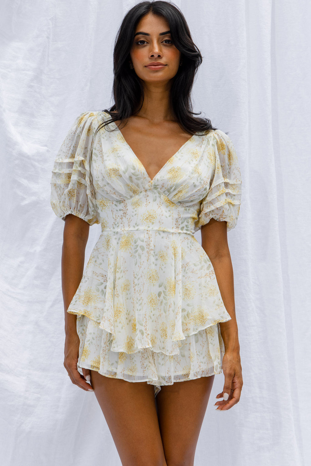Sun Drops Puff Sleeve Keyhole Back Romper Floral Print Mint by Selfie Leslie