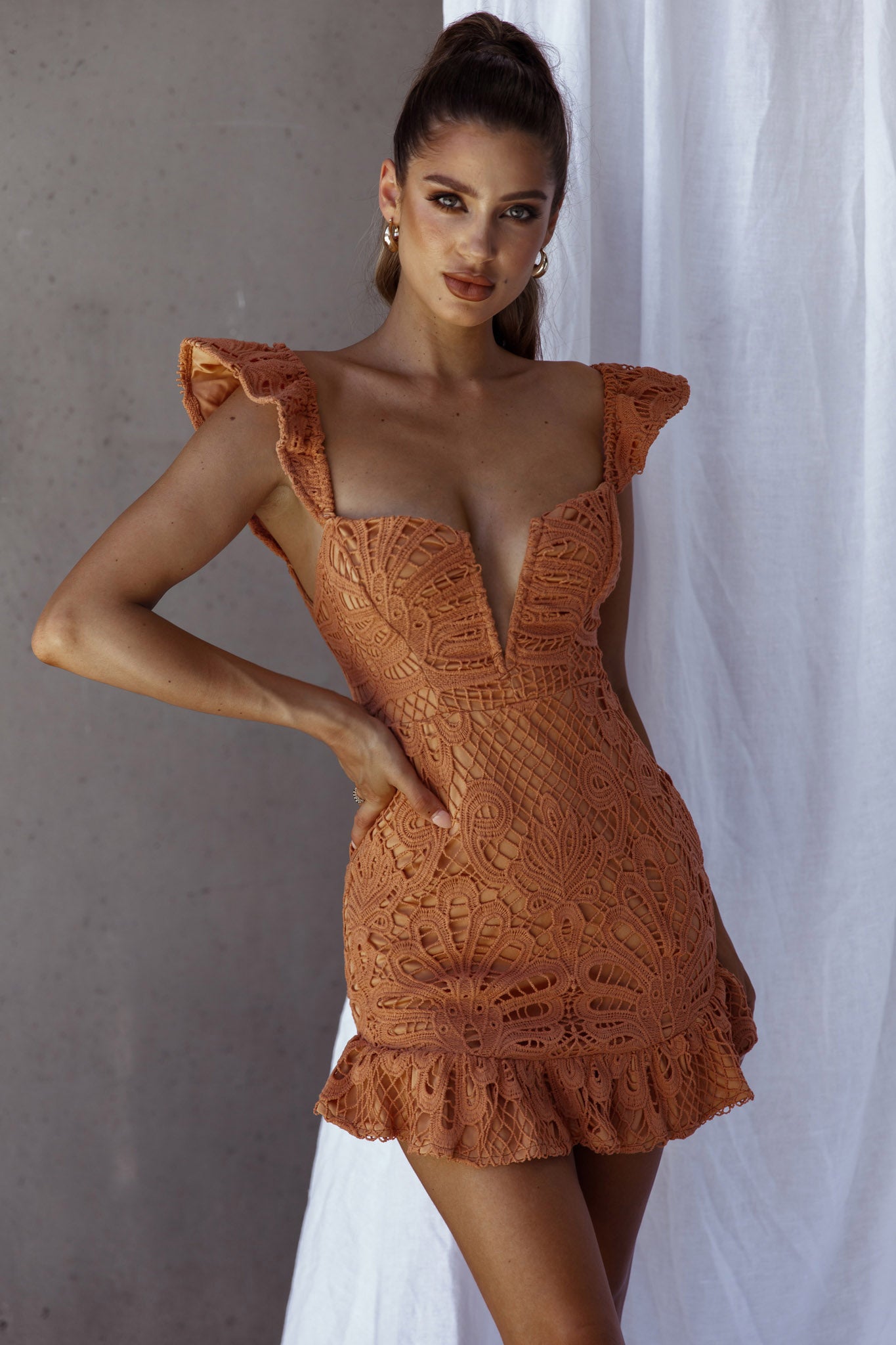 Mon Papillon Lace Mini Dress Apricot Mon Papillon Lace Mini Dress Apricot