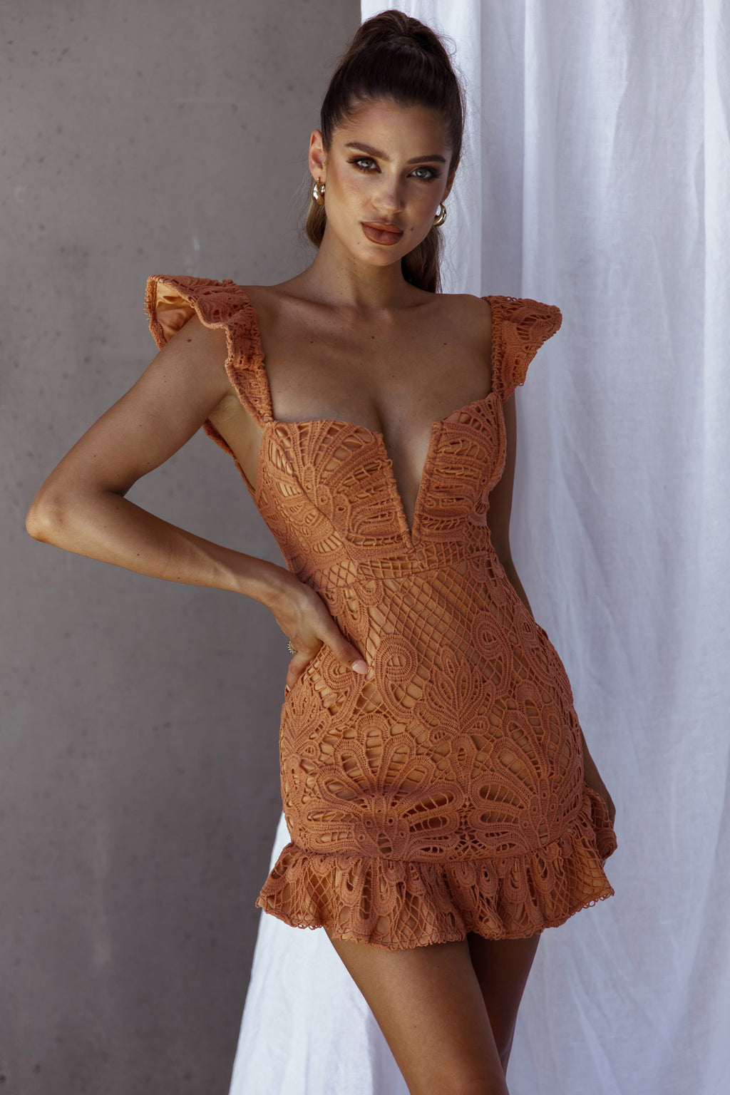 Mon Papillon Lace Mini Dress Apricot by Selfie Leslie