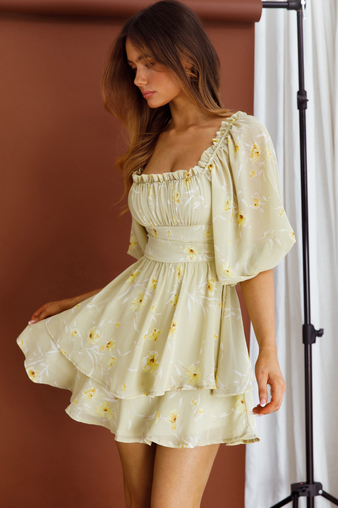Forever Bloom Off-Shoulder Mini Dress Floral Lime by Selfie Leslie
