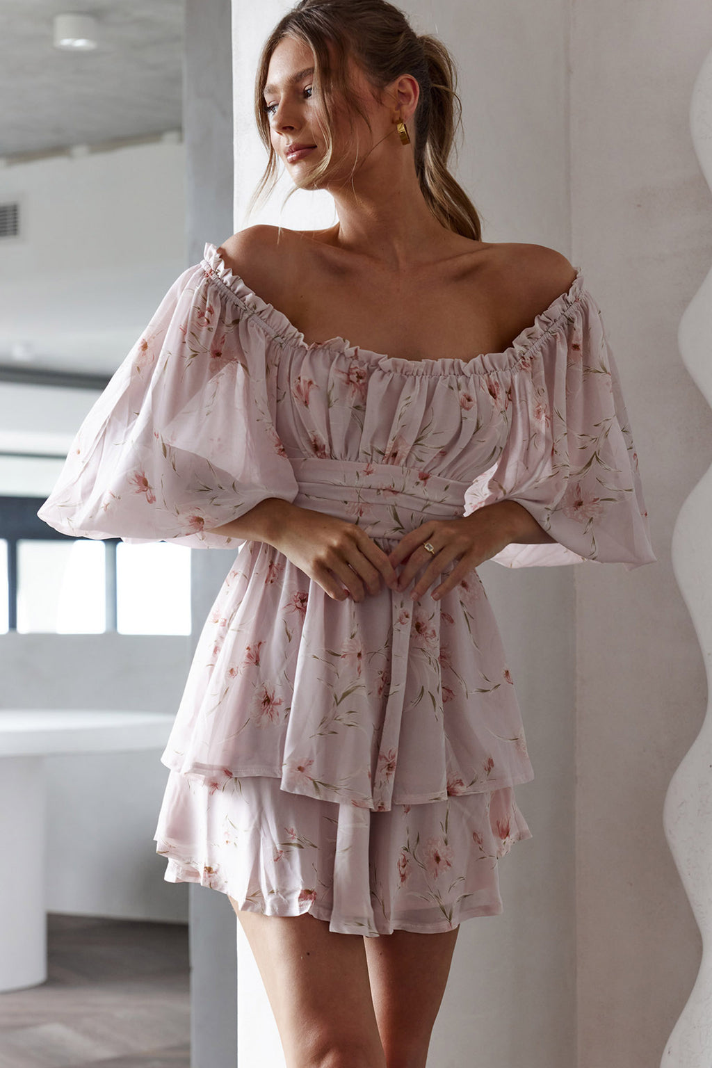 Forever Bloom Off-Shoulder Mini Dress Floral Pink by Selfie Leslie