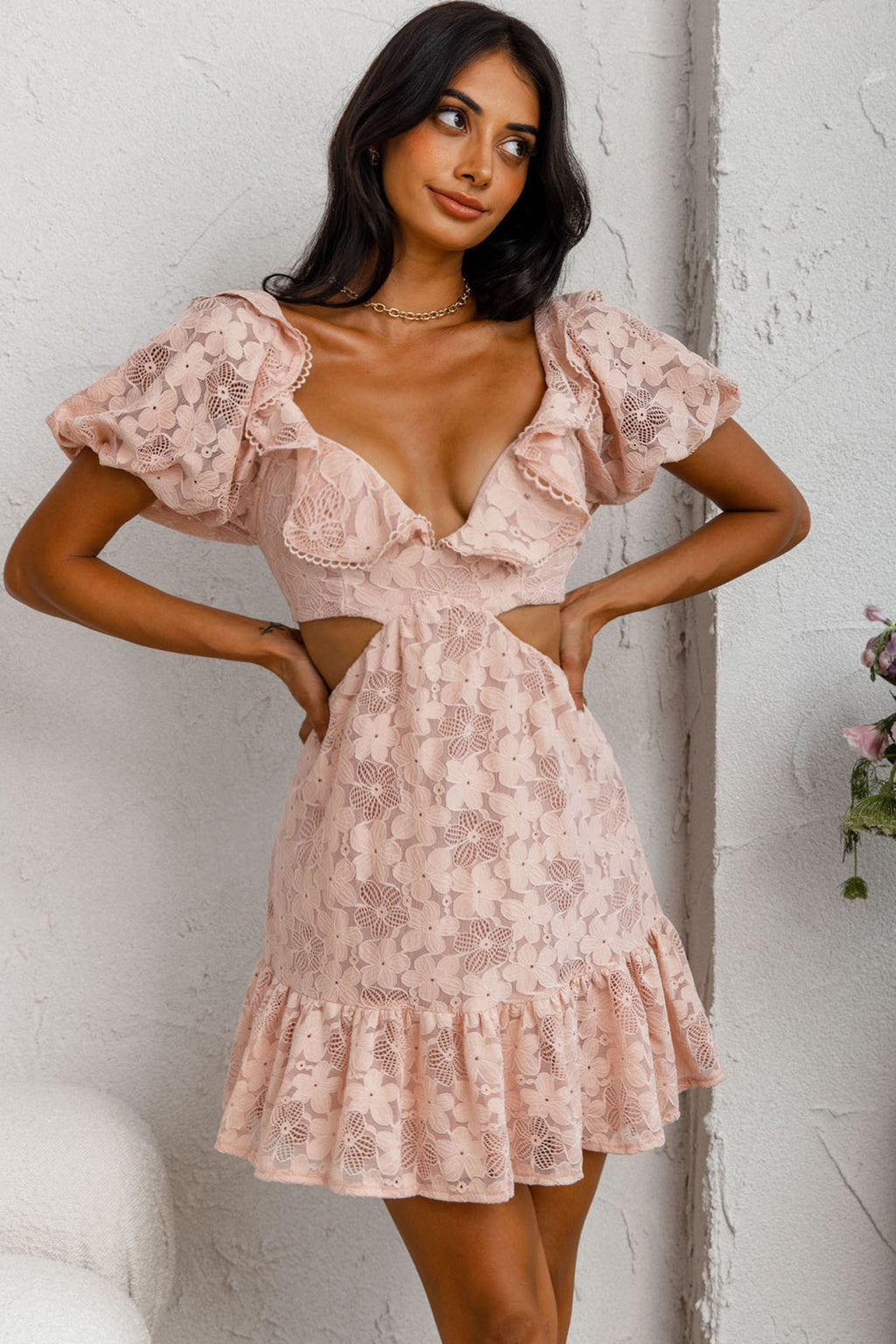 Sweet Life Cut-Out Waist Lace Dress Peach by Selfie Leslie