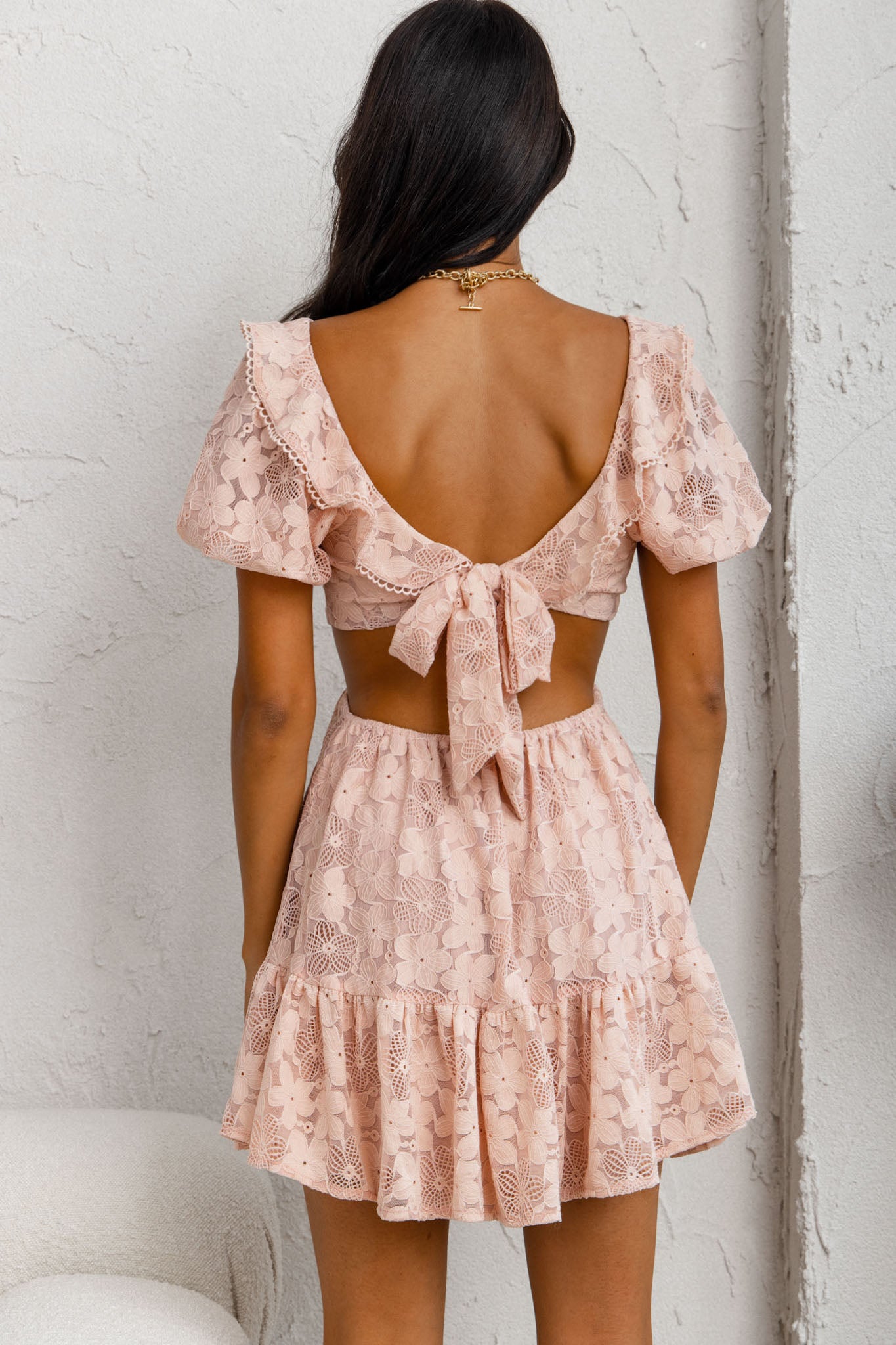 Sweet Life Cut-Out Waist Lace Dress Peach by Selfie Leslie