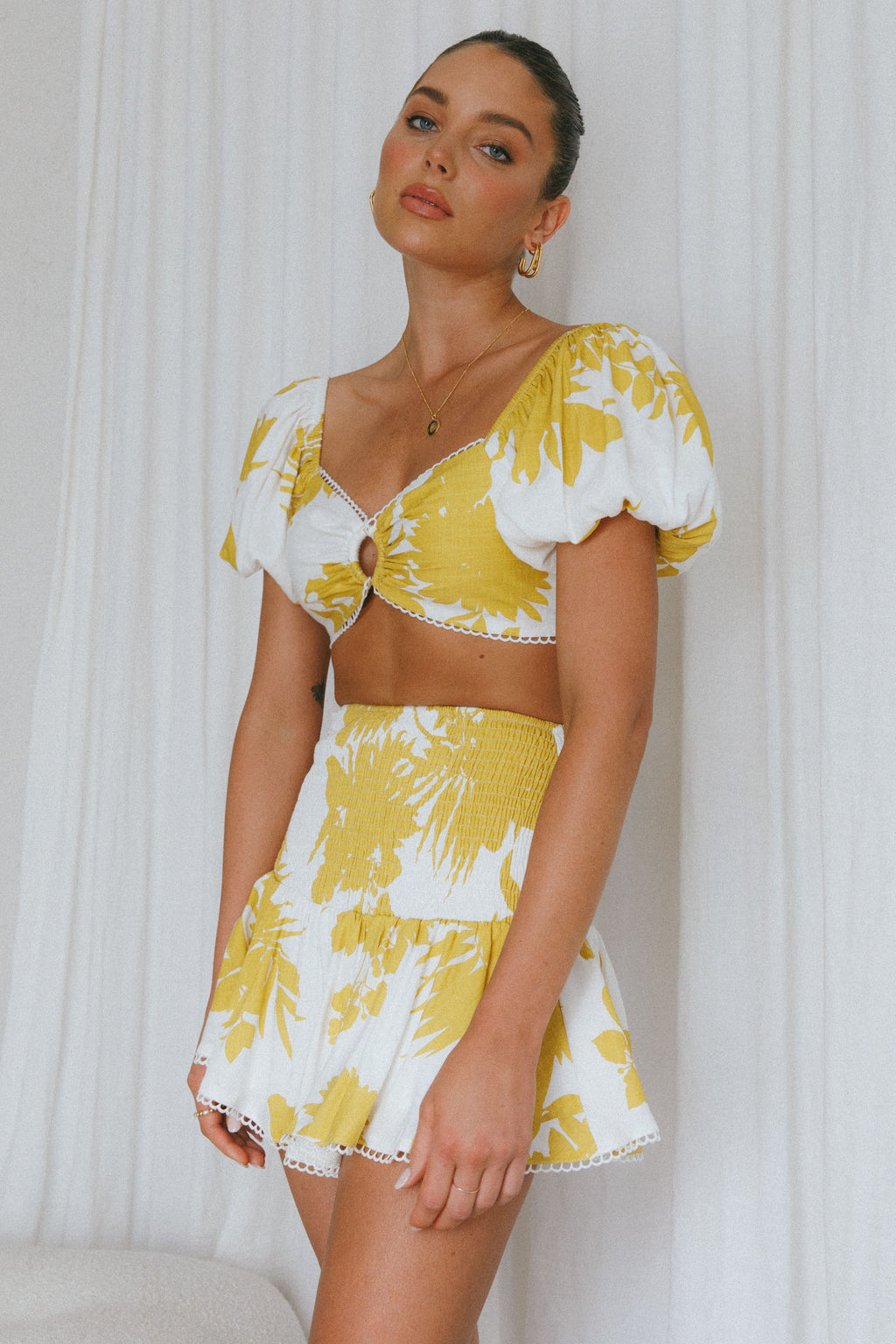 Escape With Me Shirred Mini Skirt Printed Mustard by Selfie Leslie