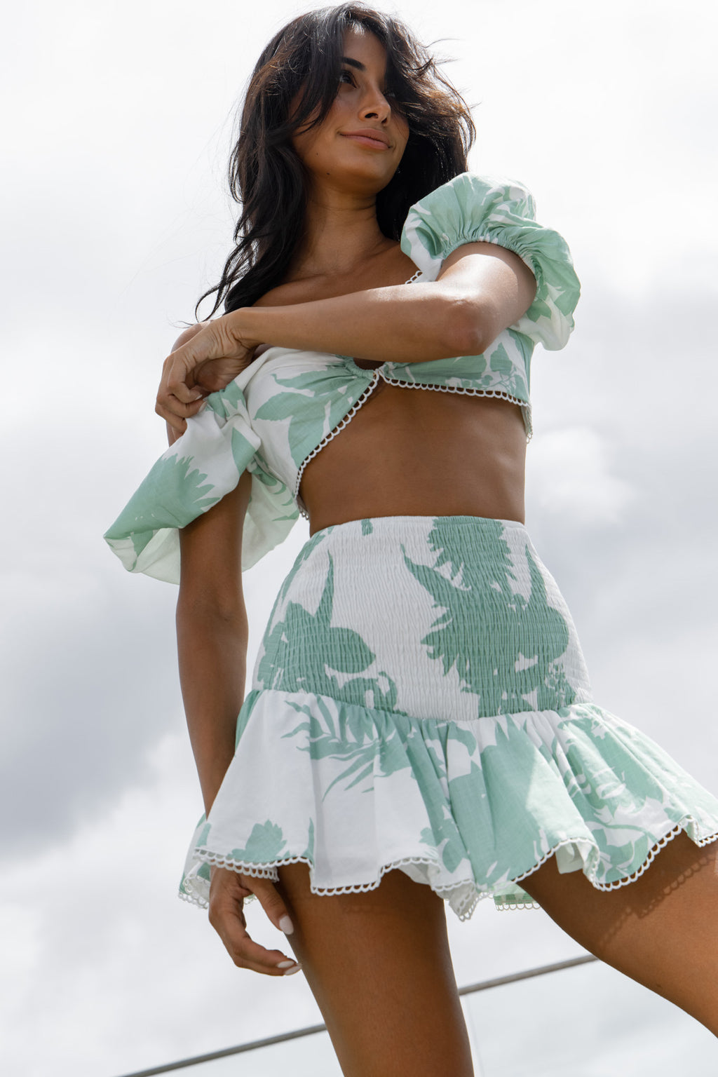 Escape With Me Shirred Mini Skirt Printed Sage by Selfie Leslie