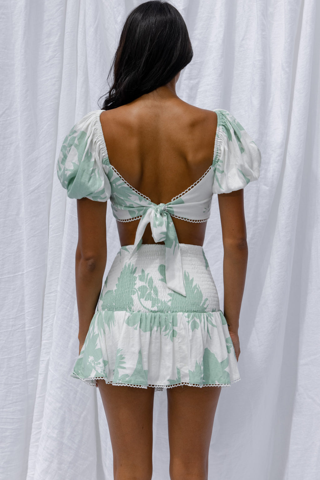 Escape With Me Shirred Mini Skirt Printed Sage by Selfie Leslie