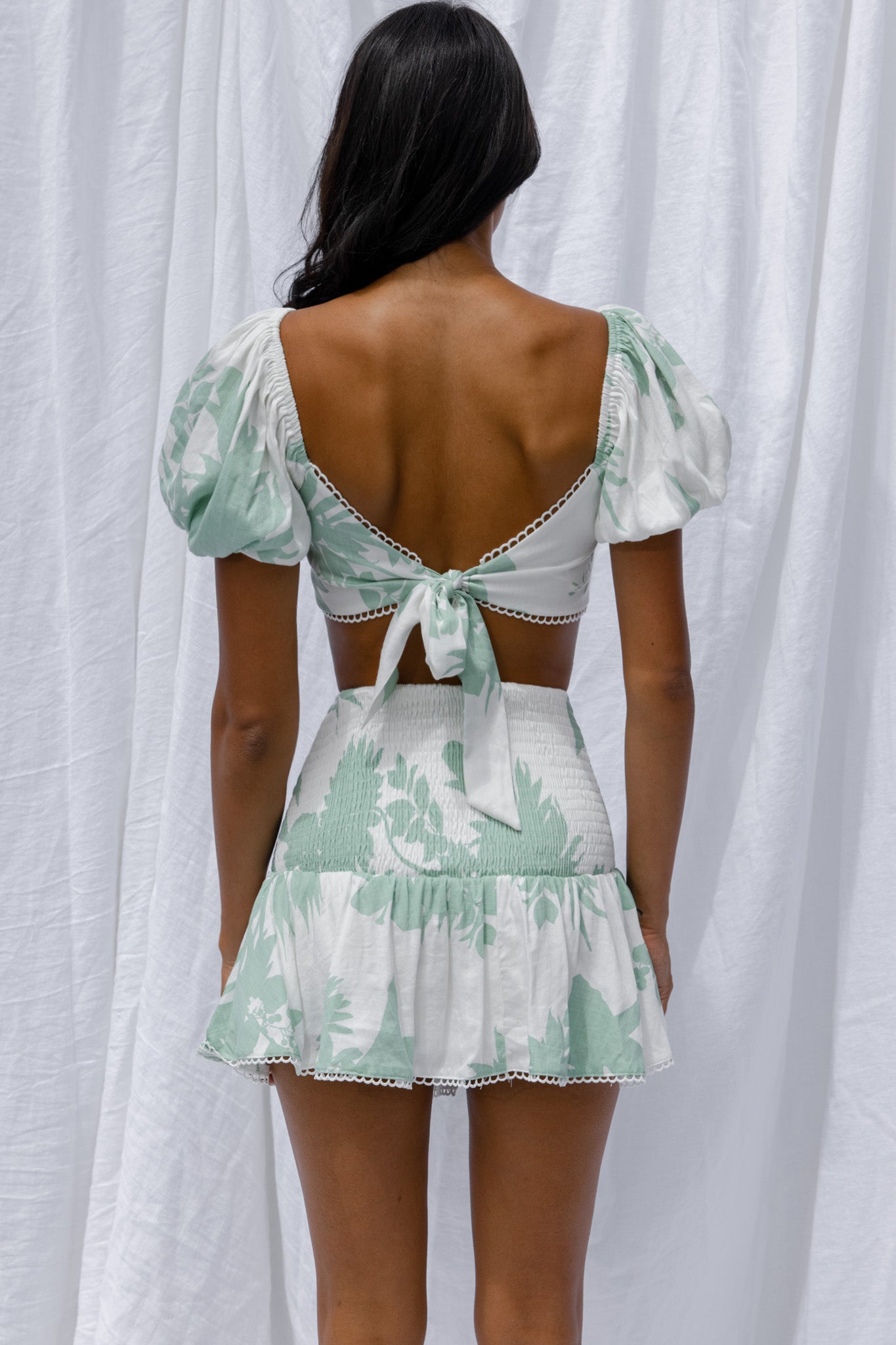 Escape With Me Shirred Mini Skirt Printed Sage by Selfie Leslie