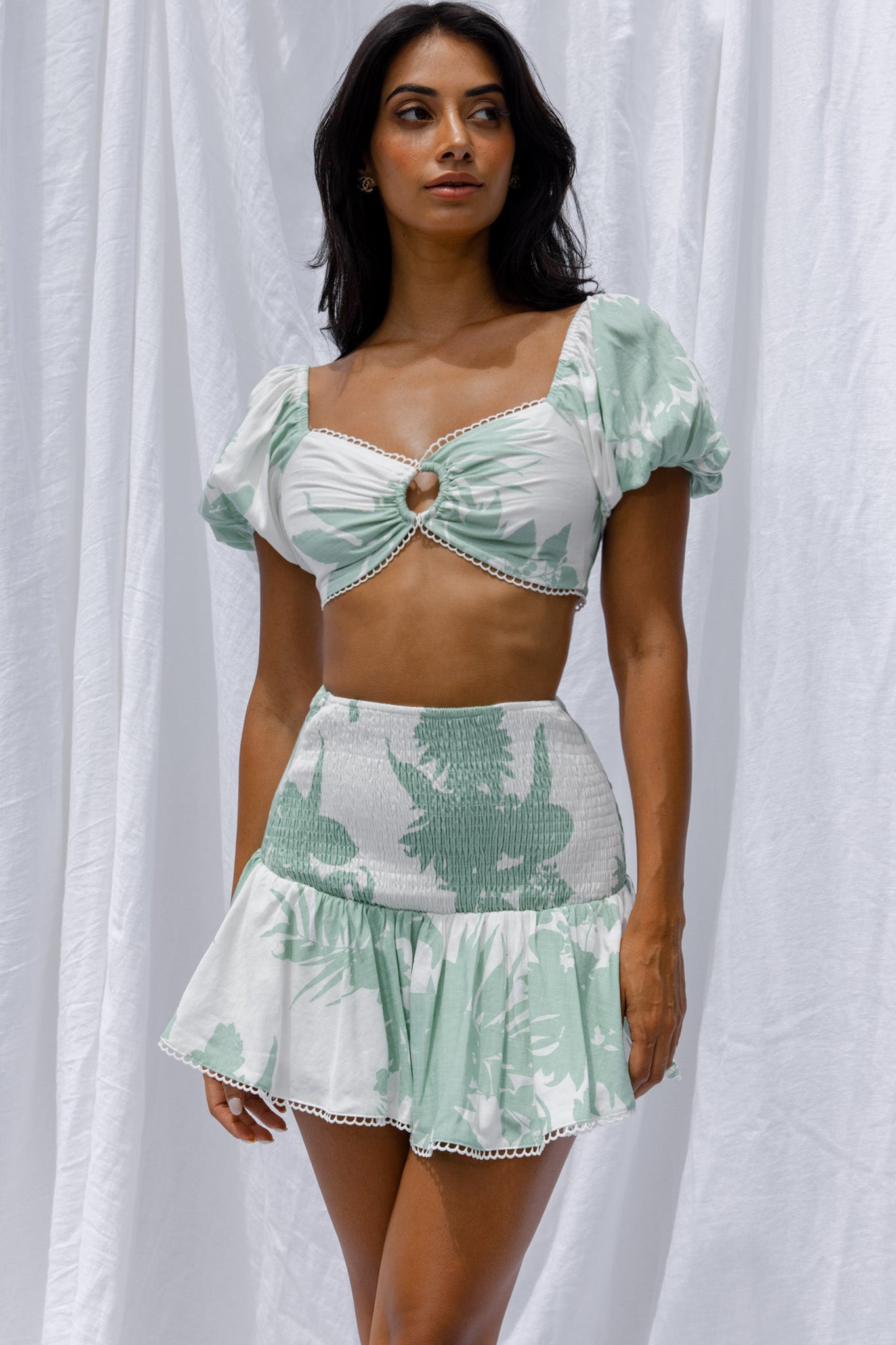 Escape With Me Shirred Mini Skirt Printed Sage by Selfie Leslie