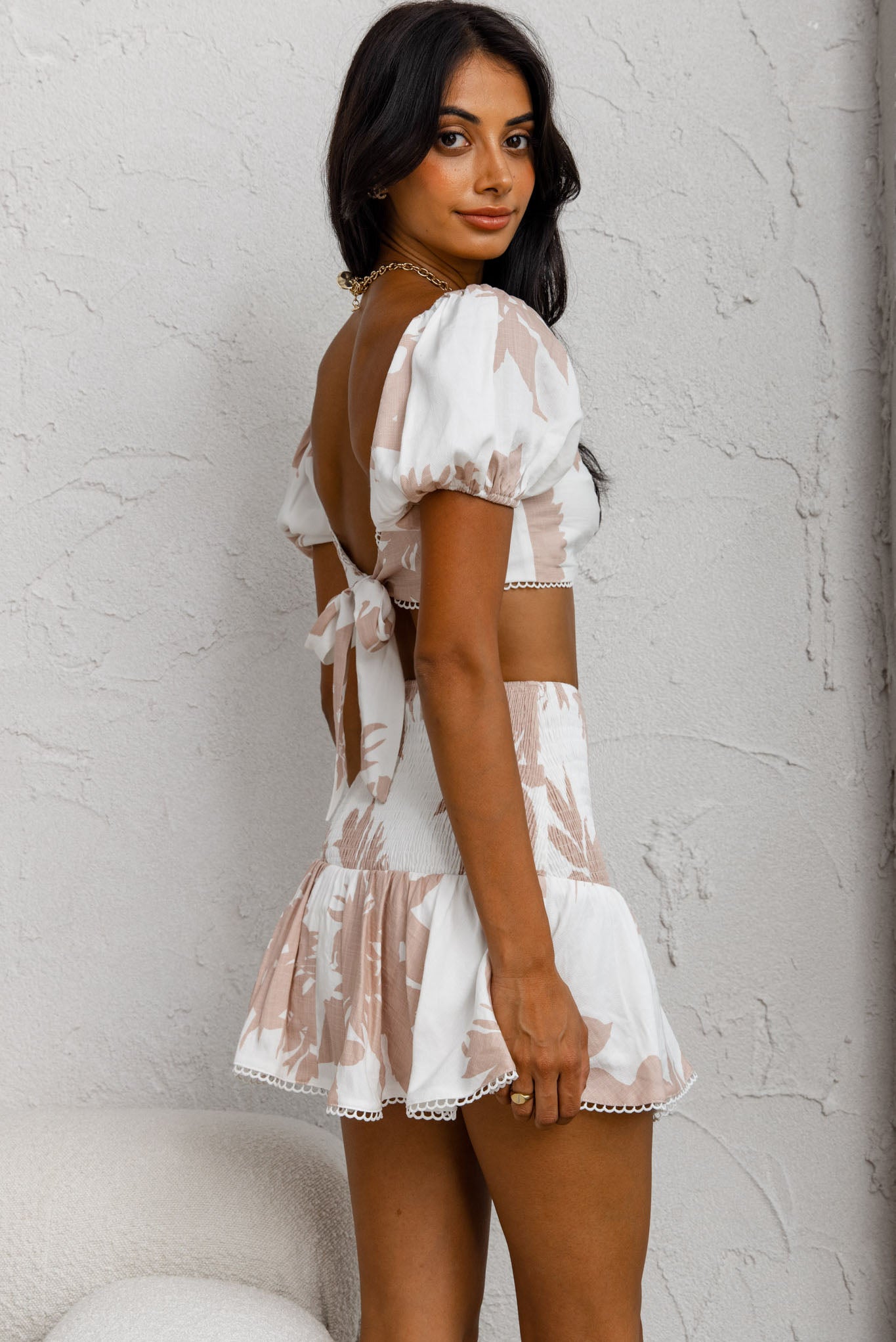 Escape With Me Tied Back Crop Top Printed Blush by Selfie Leslie