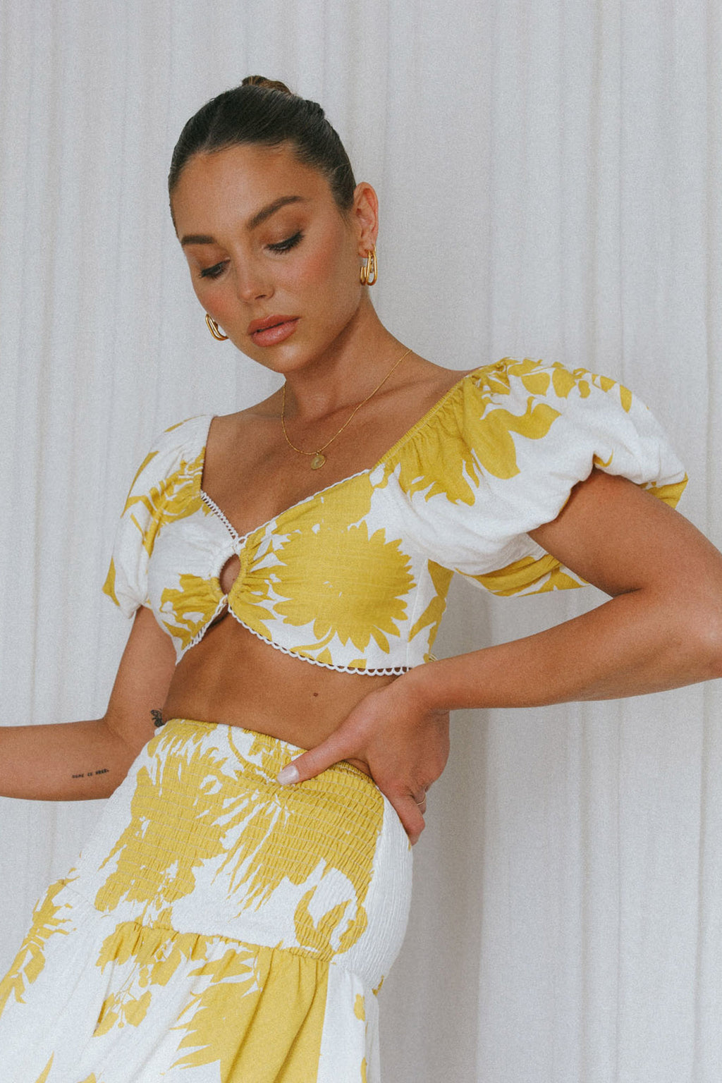 Escape With Me Tied Back Crop Top Printed Mustard by Selfie Leslie