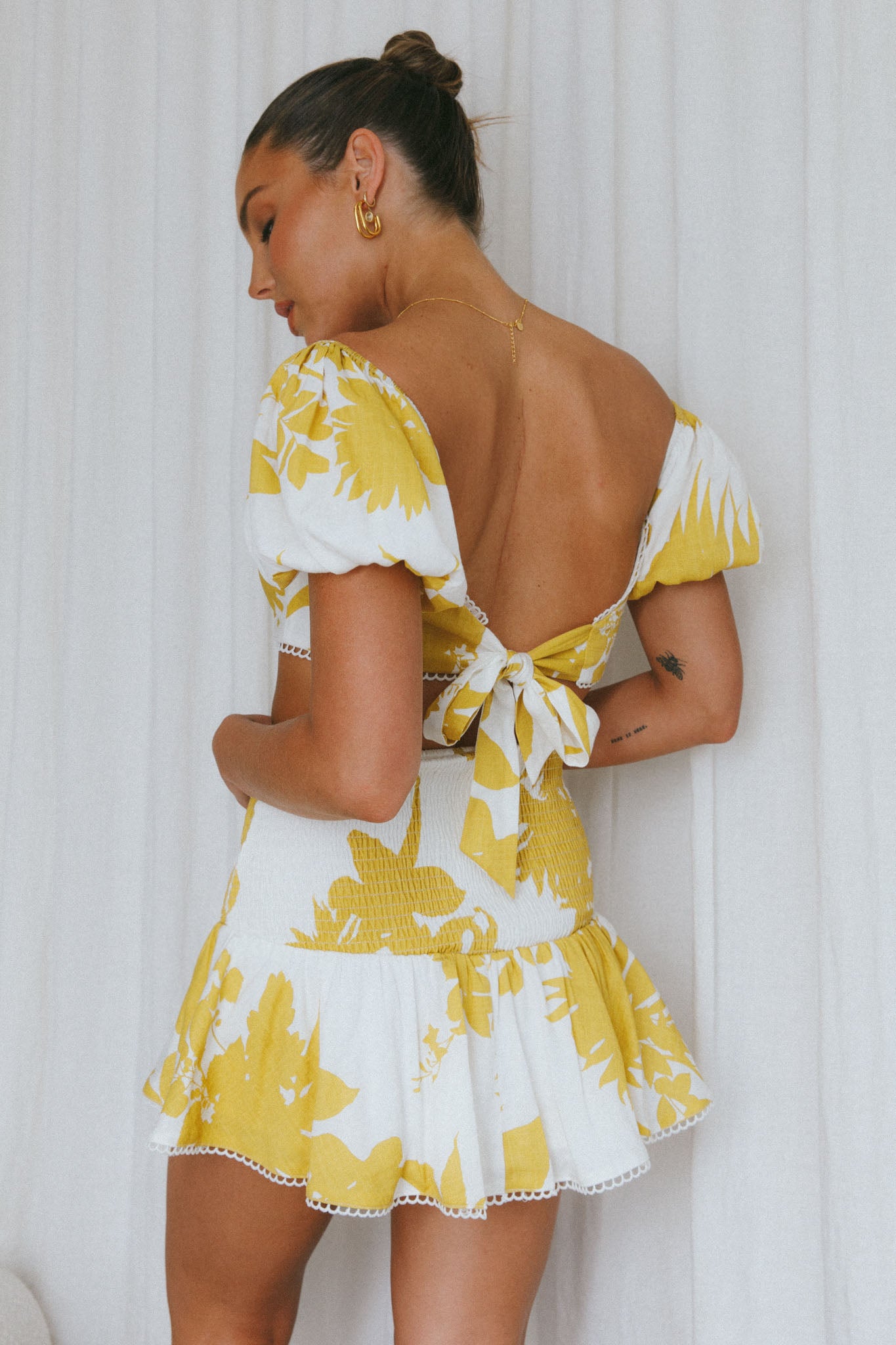 Escape With Me Tied Back Crop Top Printed Mustard by Selfie Leslie