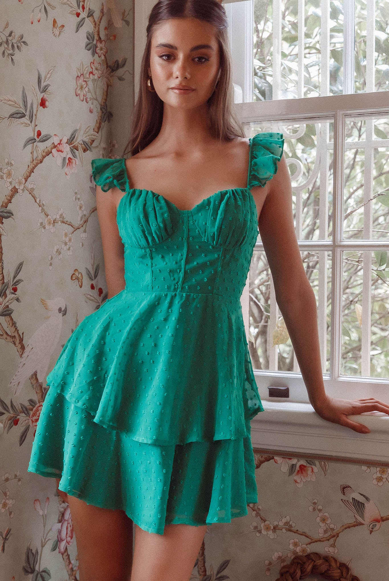 Theory Sweetheart Neckline Frill Strap Mini Dress Textured Green by Selfie Leslie