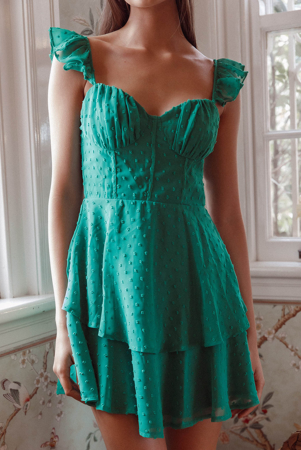 Theory Sweetheart Neckline Frill Strap Mini Dress Textured Green by Selfie Leslie