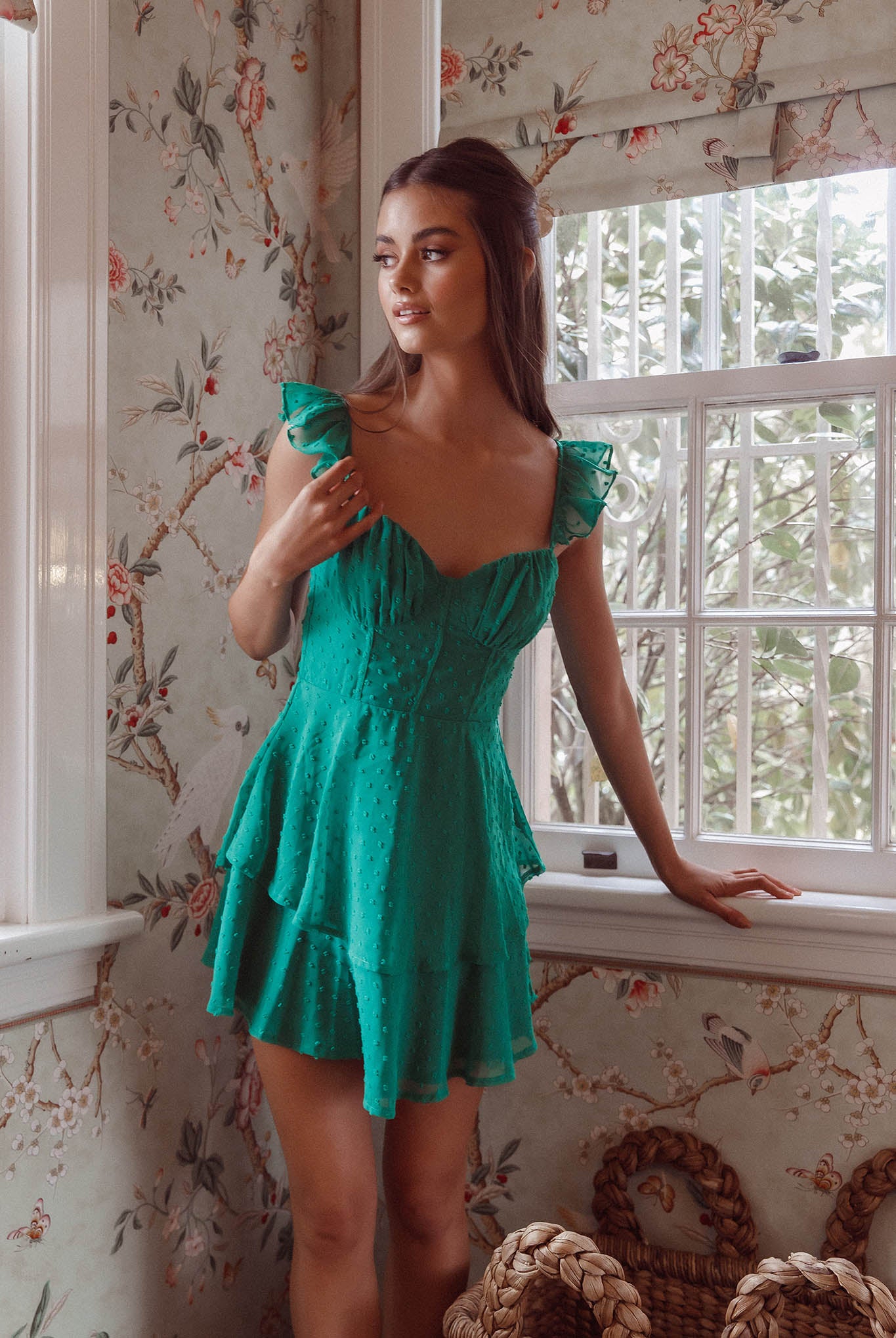 Theory Sweetheart Neckline Frill Strap Mini Dress Textured Green by Selfie Leslie