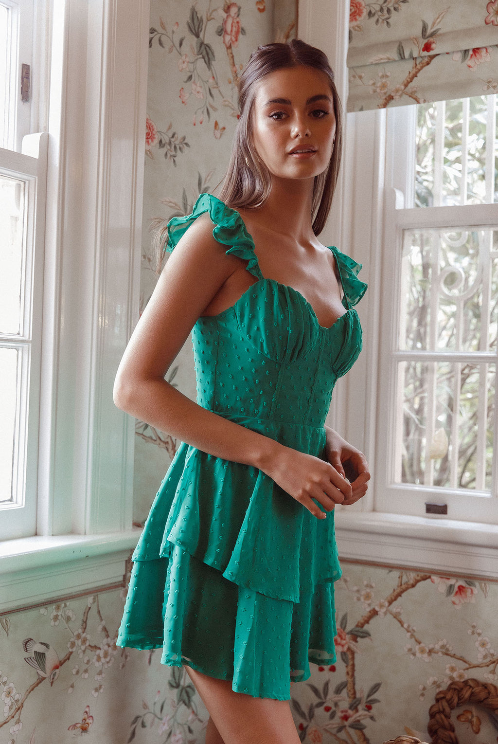 Theory Sweetheart Neckline Frill Strap Mini Dress Textured Green by Selfie Leslie