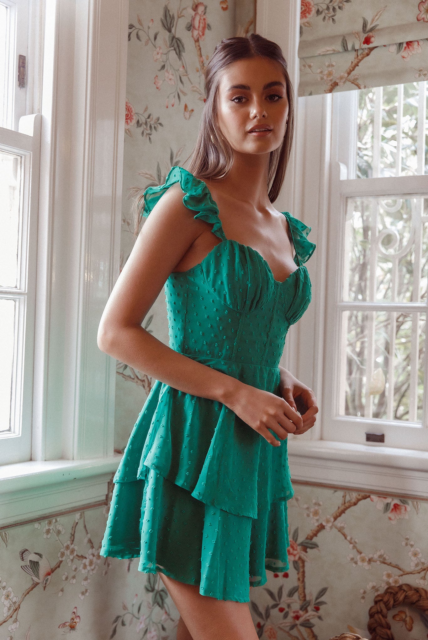 Theory Sweetheart Neckline Frill Strap Mini Dress Textured Green by Selfie Leslie