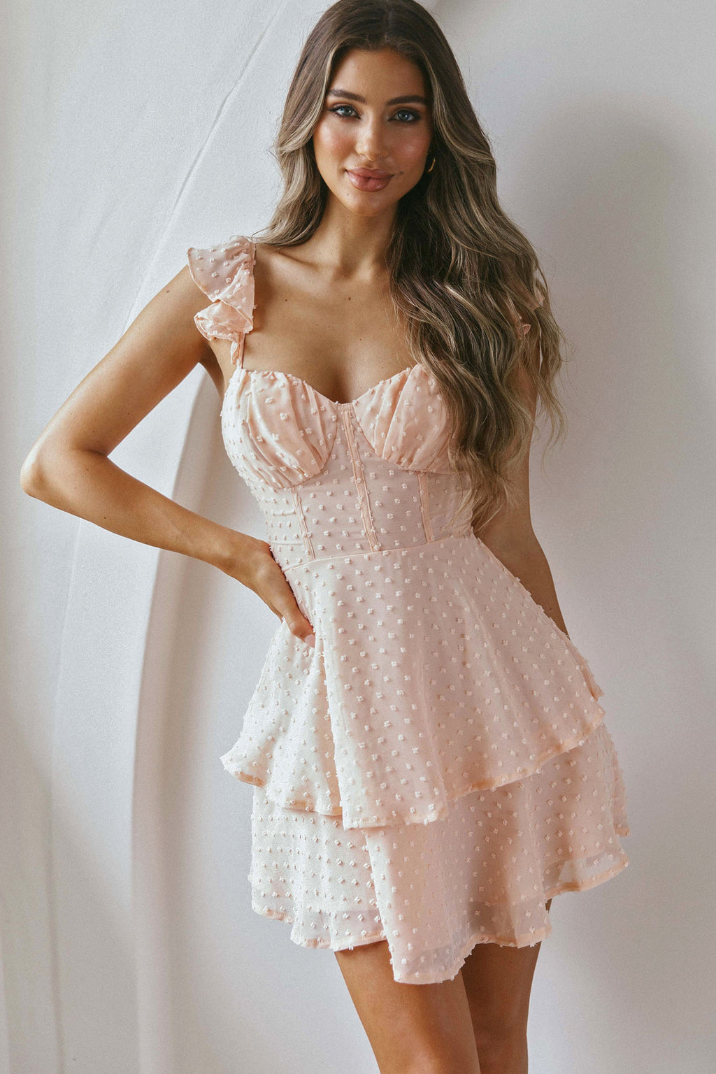 Theory Sweetheart Neckline Frill Strap Mini Dress Textured Peach by Selfie Leslie