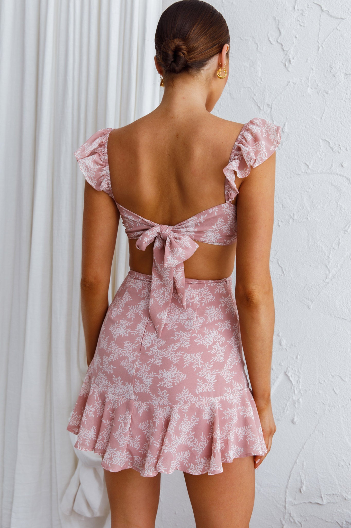 Barcelona Tied Back Mini Dress Floral Blush by Selfie Leslie