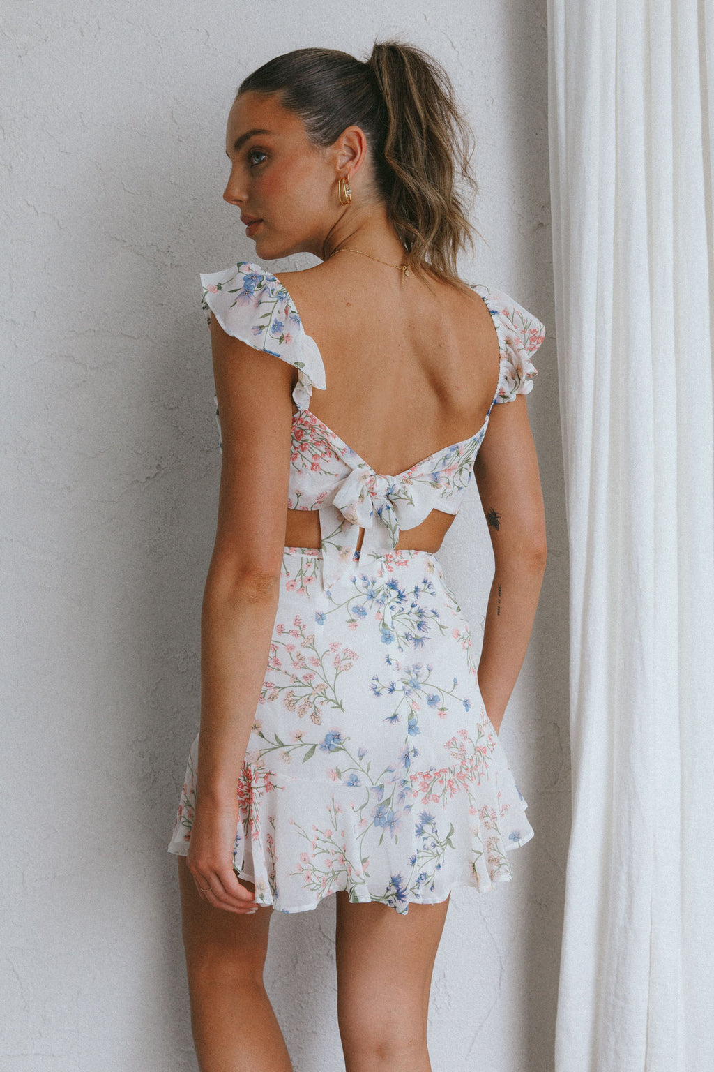 Barcelona Tied Back Mini Dress Floral White by Selfie Leslie
