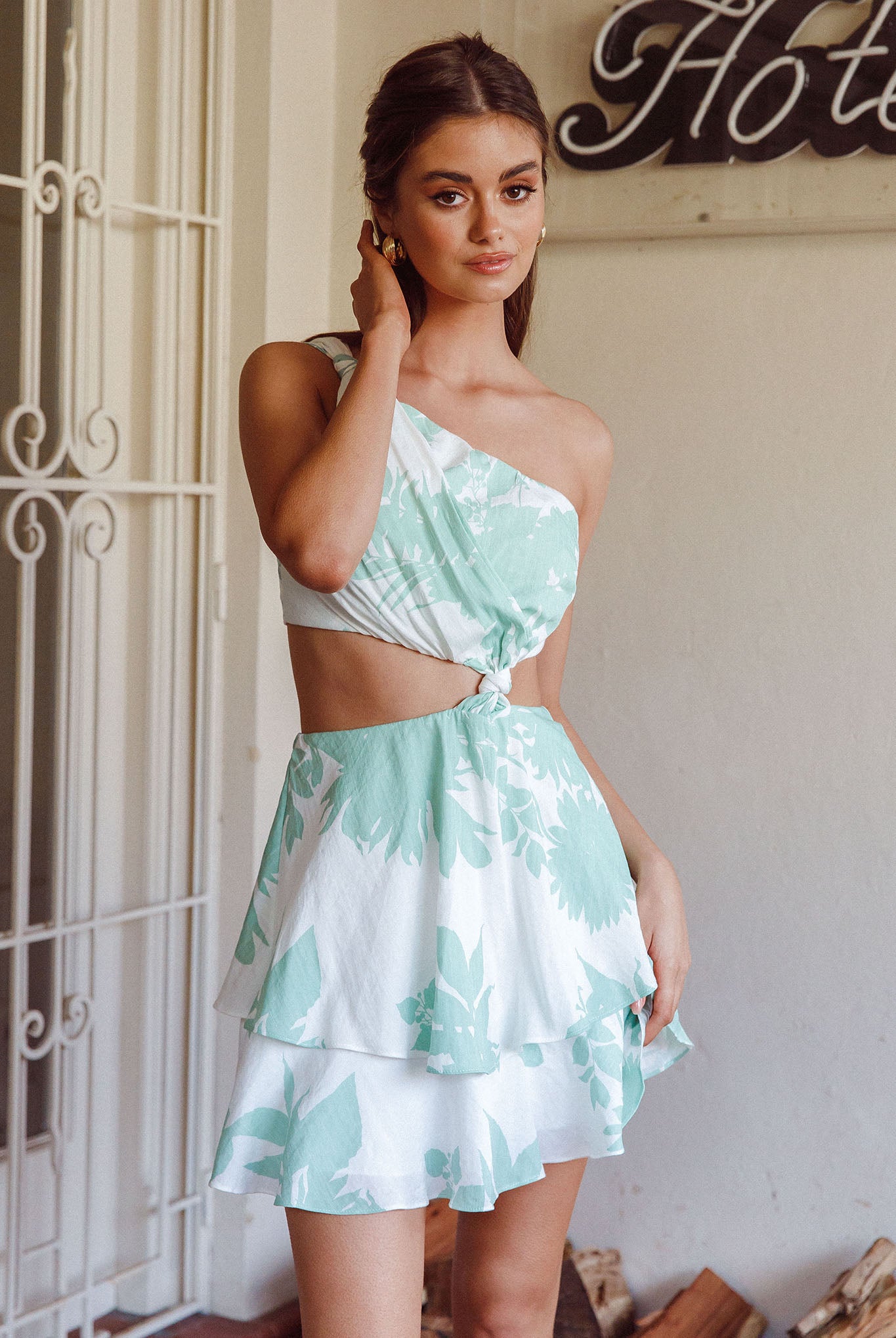 Olli One-Shoulder Cut-Out Dress Print Sage by Selfie Leslie