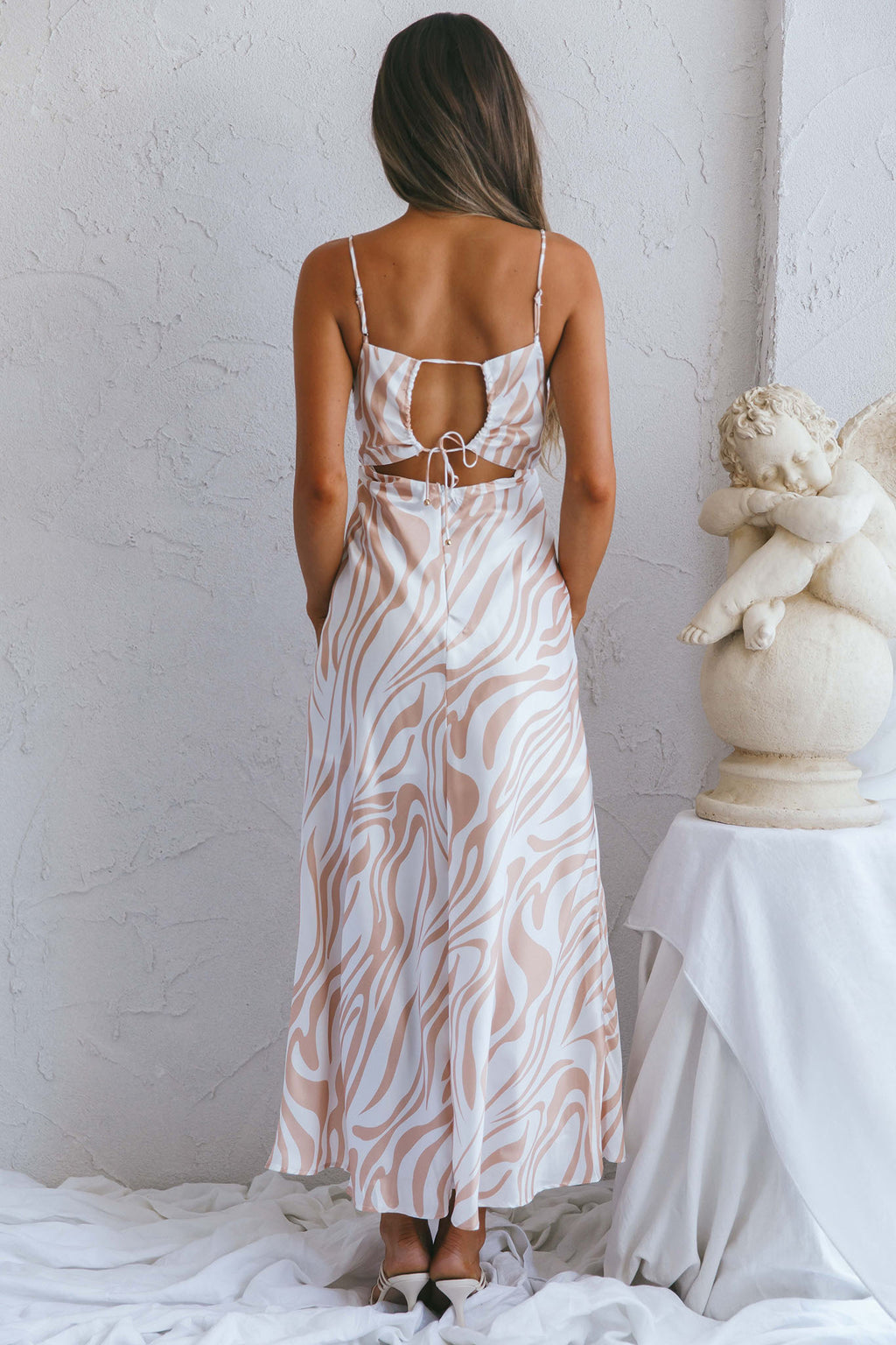 Jasper Cowl Neck Cut-Out Drawstring Back Midi Dress Zebra Print Beige by Selfie Leslie