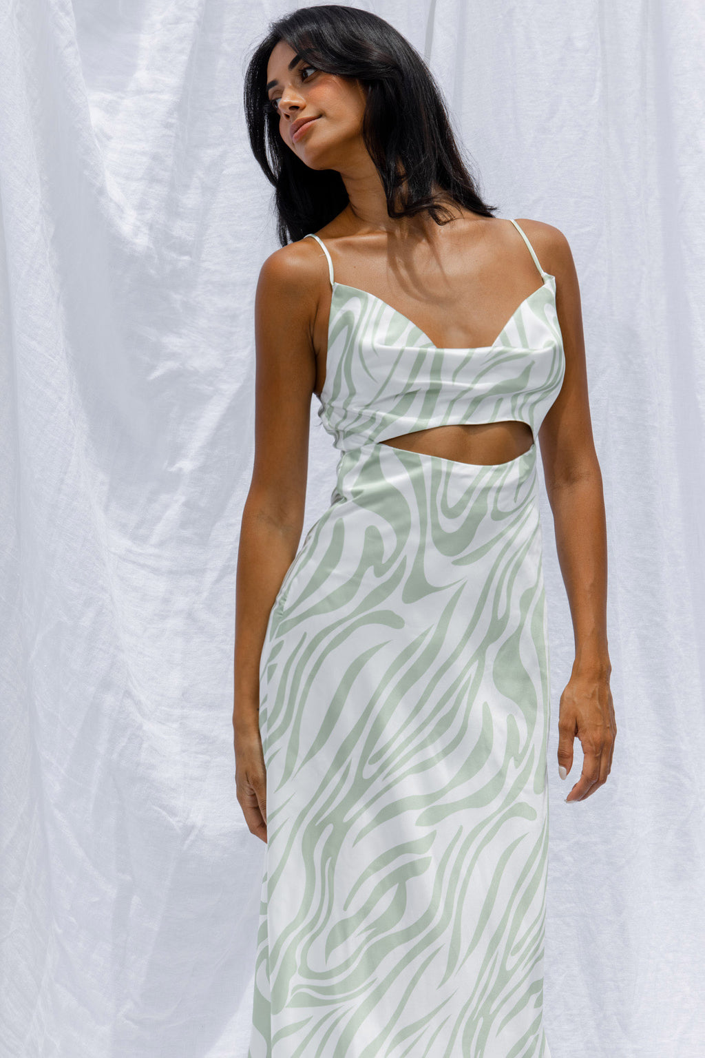 Jasper Cowl Neck Cut-Out Drawstring Back Midi Dress Zebra Print Lime by Selfie Leslie