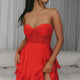 In Your Arms Strapless Lace Bodice Layered Hem Mini Dress Red