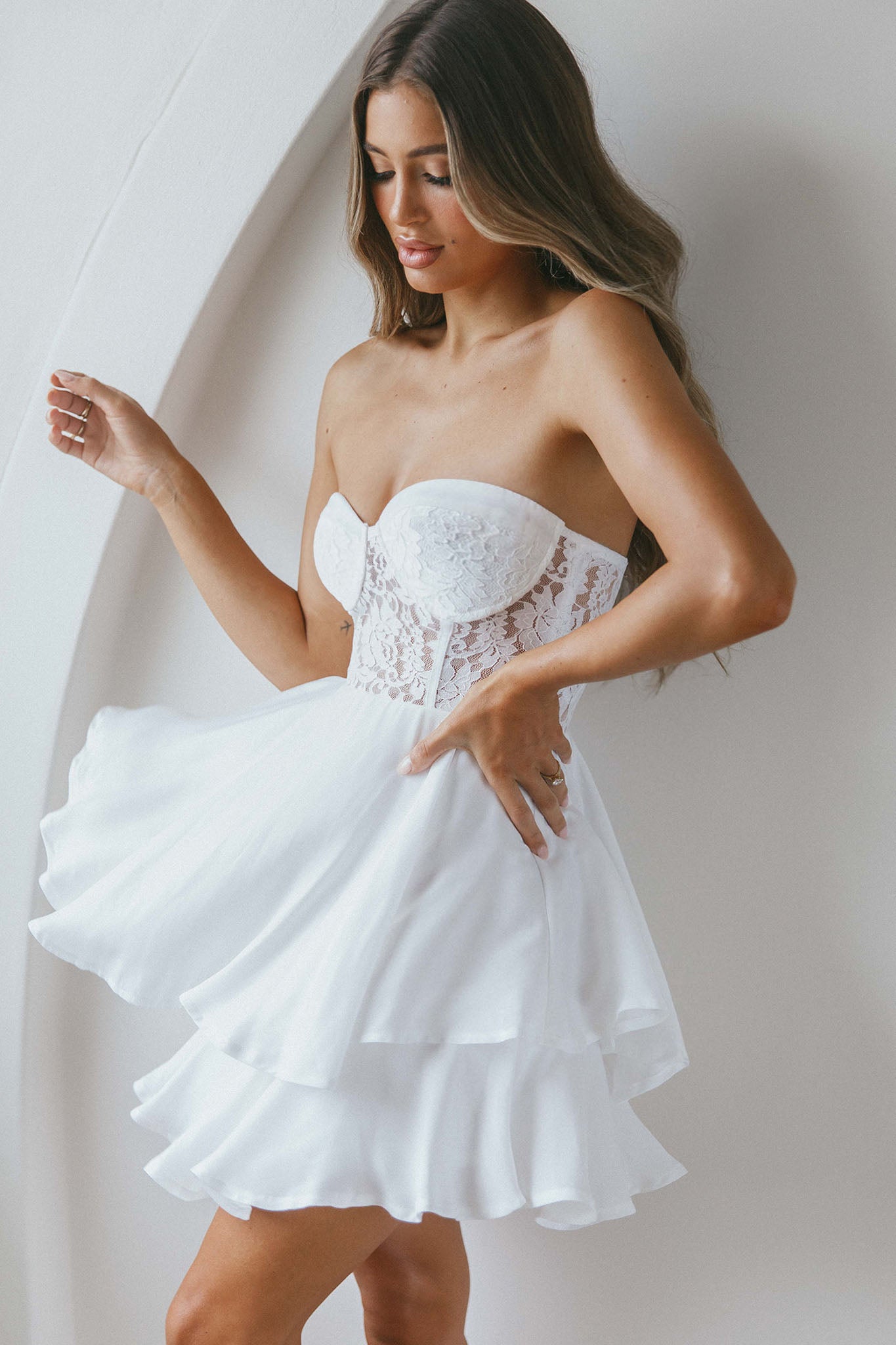 In Your Arms Strapless Lace Bodice Layered Hem Mini Dress White by Selfie Leslie