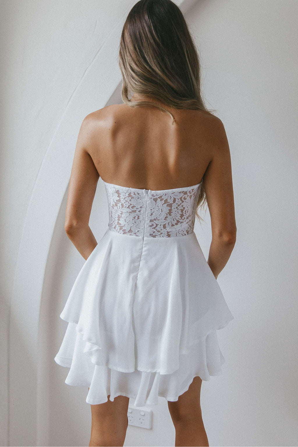In Your Arms Strapless Lace Bodice Layered Hem Mini Dress White by Selfie Leslie