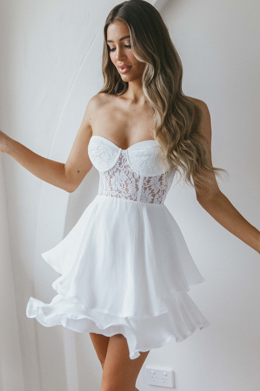 In Your Arms Strapless Lace Bodice Layered Hem Mini Dress White by Selfie Leslie