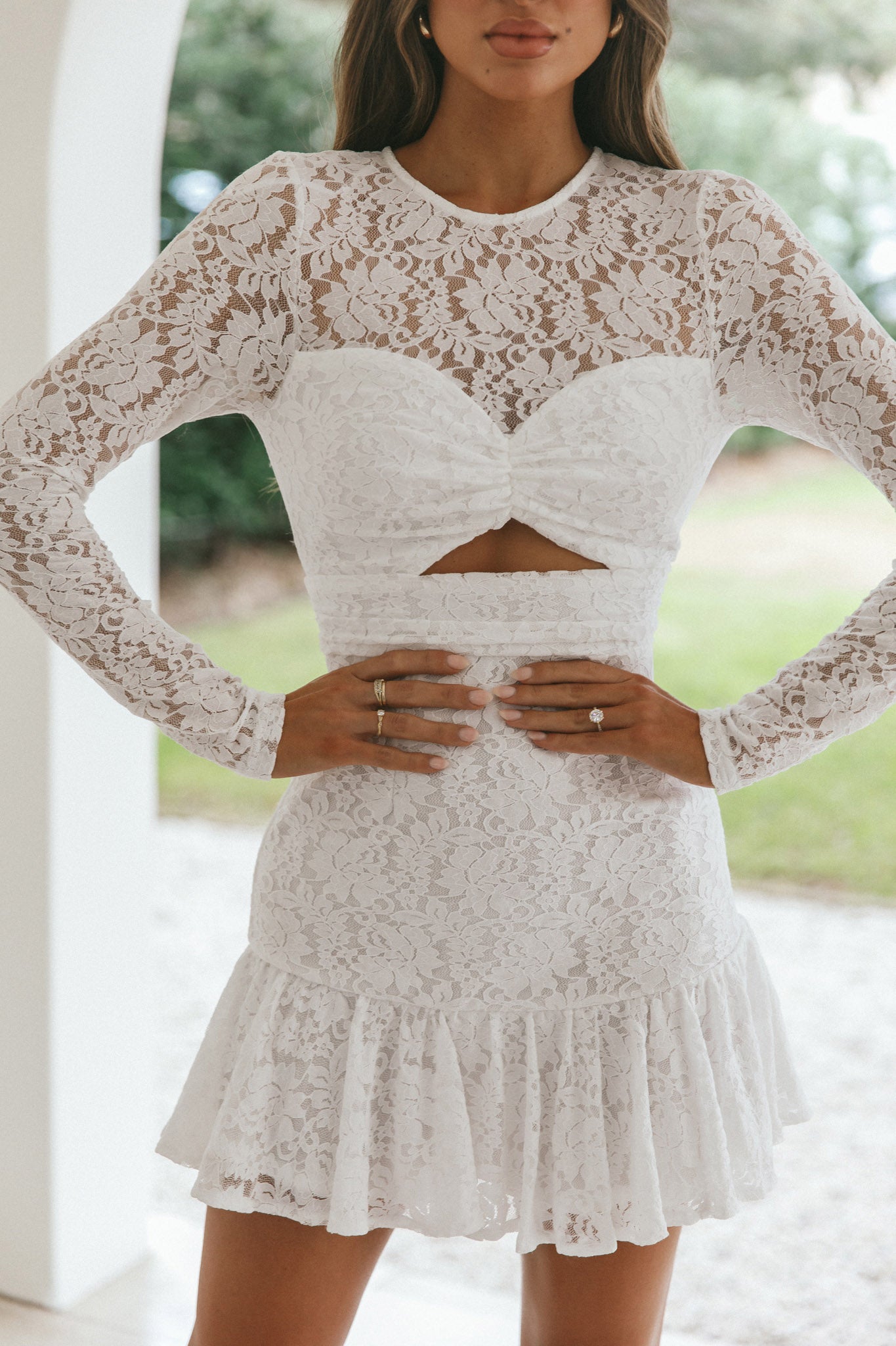 Hearts Aflutter Long Sleeve Open Back Lace Mini Dress White by Selfie Leslie