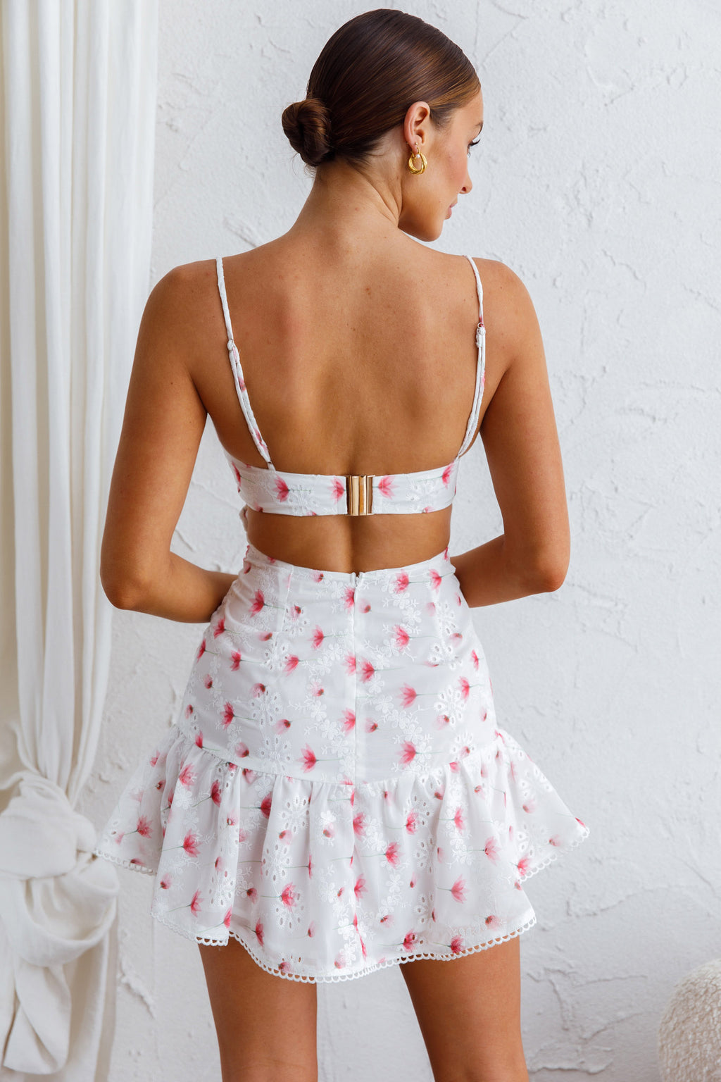 Summer Blossom Buckle Back Eyelet Mini Dress Floral Pink by Selfie Leslie