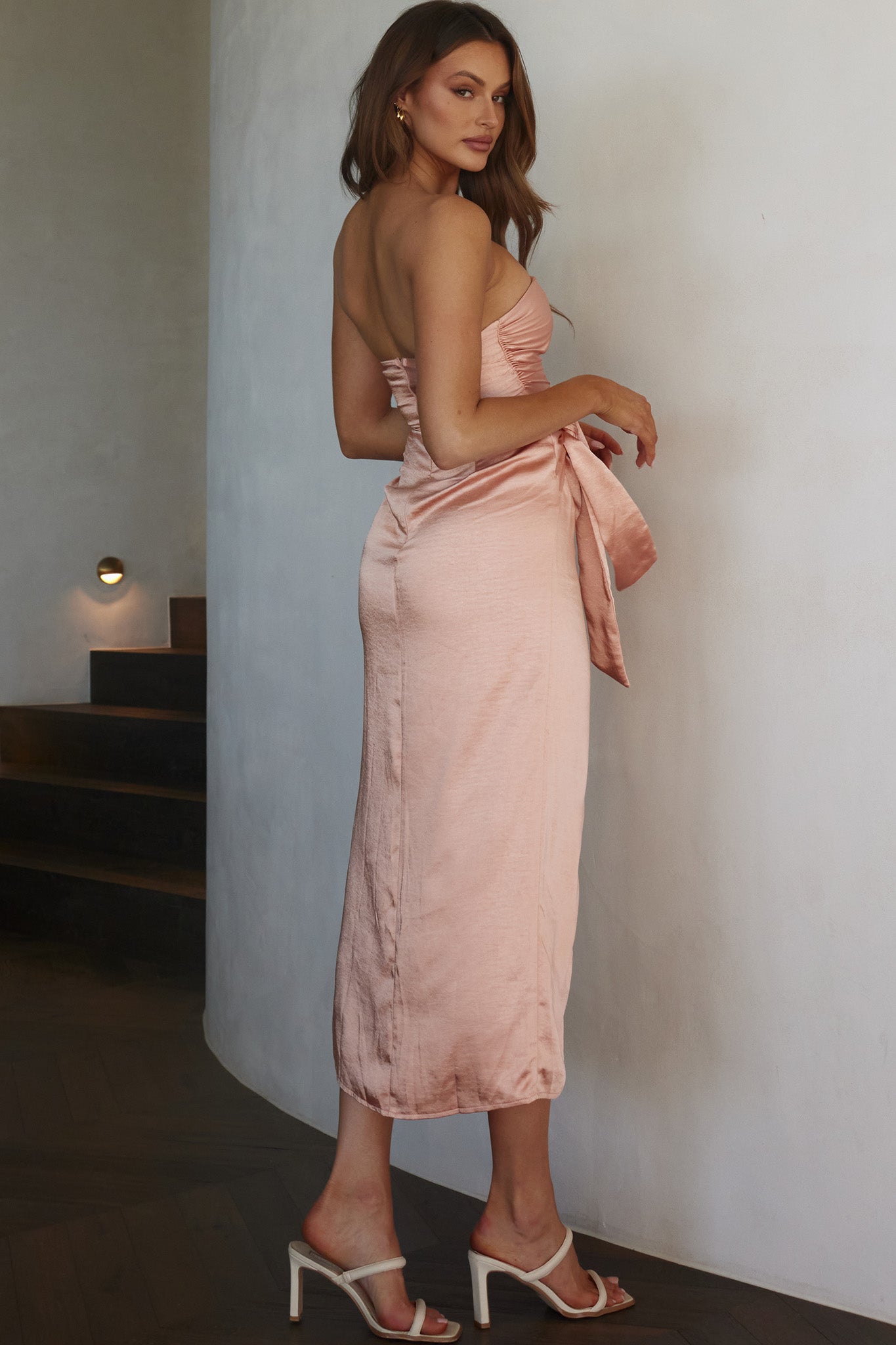 Gianna Strapless Waist Tie Midi Dress Peach by Selfie Leslie