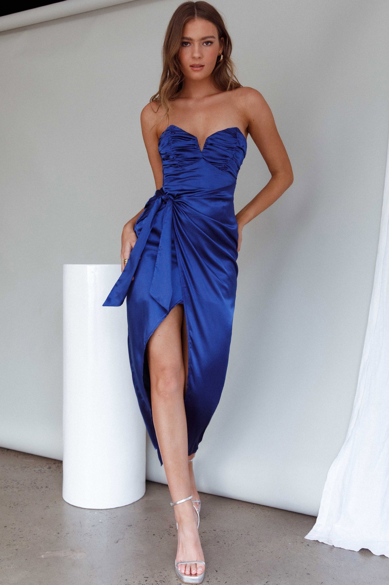 Gianna Strapless Ruched Bust Midi Dress Navy by Selfie Leslie