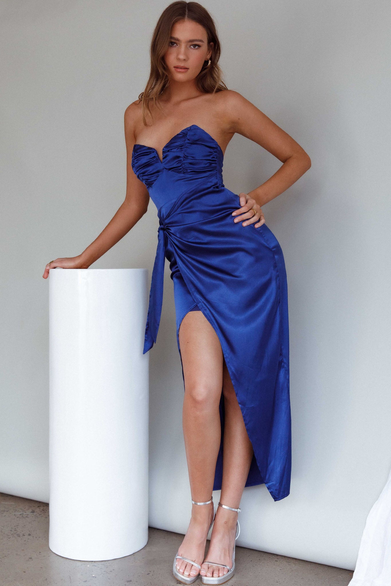 Gianna Strapless Ruched Bust Midi Dress Navy by Selfie Leslie