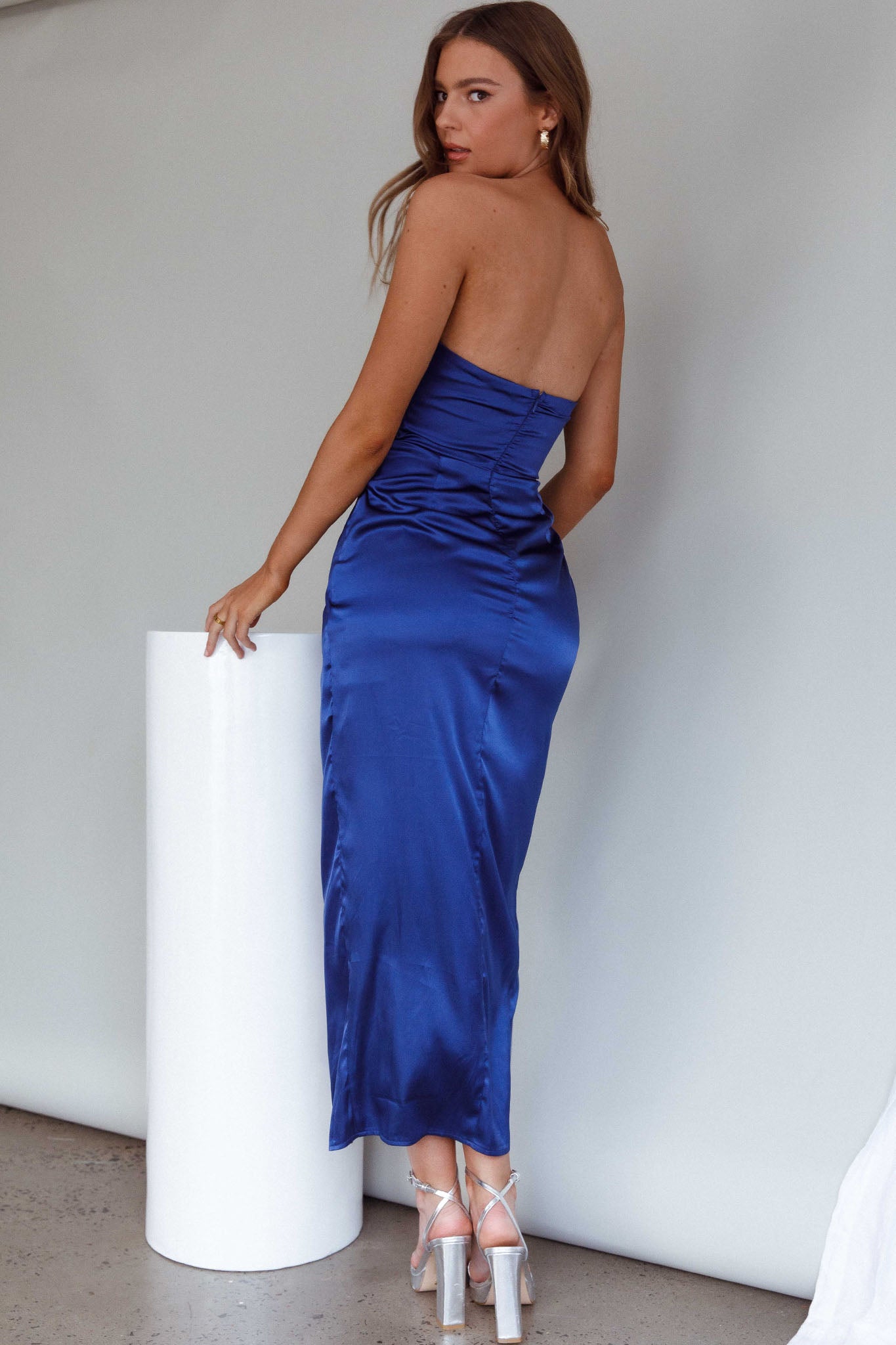 Gianna Strapless Ruched Bust Midi Dress Navy by Selfie Leslie
