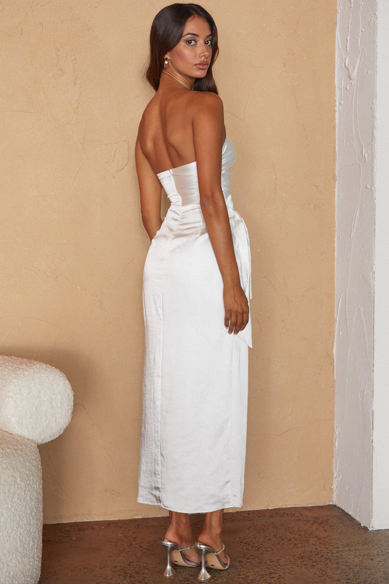 Gianna Strapless Waist Tie Midi Dress White by Selfie Leslie