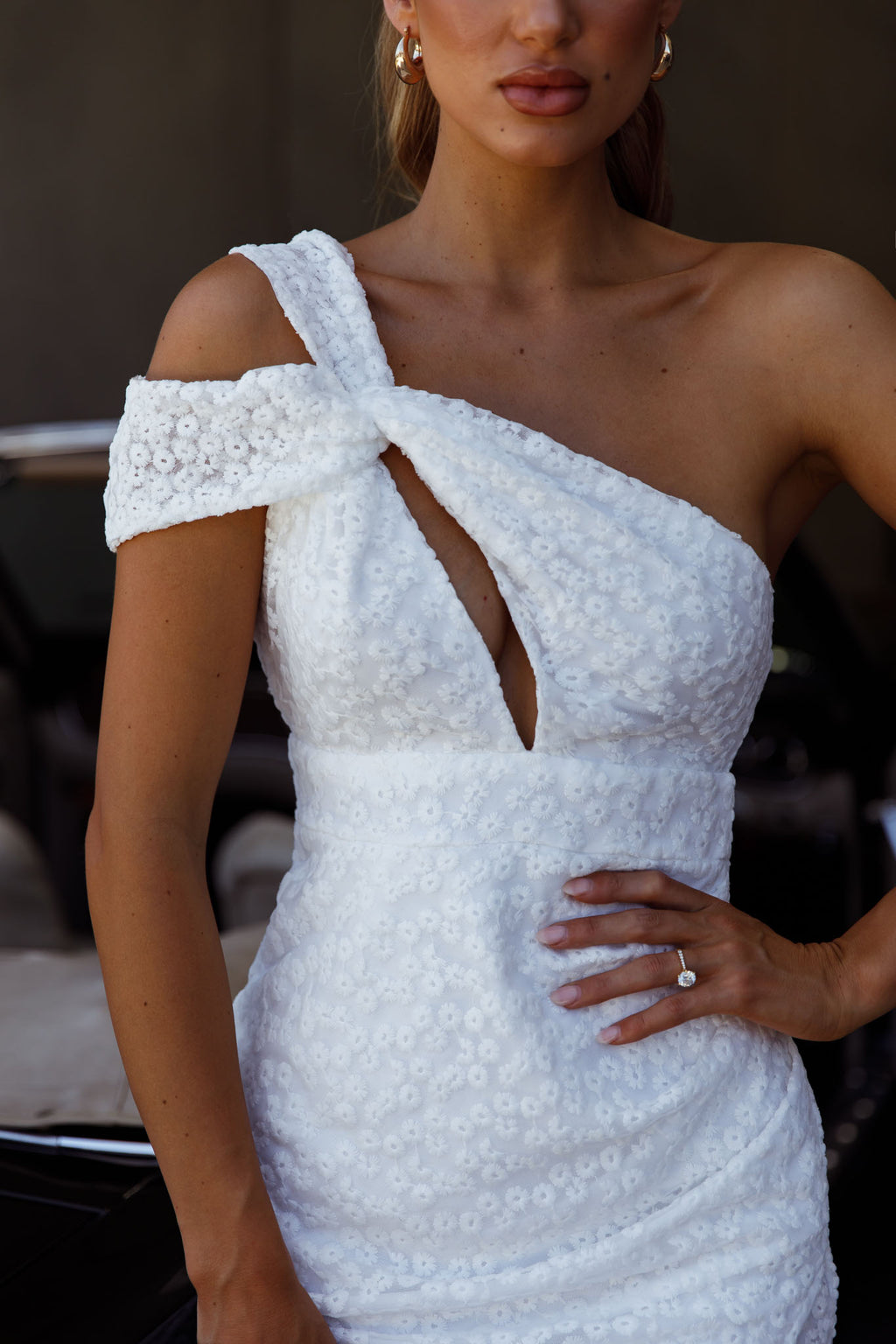Sing Your Praises One-Shoulder Keyhole Bust Embroidery Mini Dress White by Selfie Leslie
