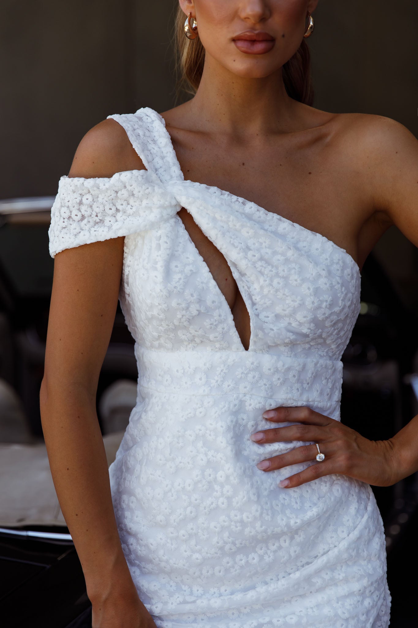 Sing Your Praises One-Shoulder Keyhole Bust Embroidery Mini Dress White by Selfie Leslie