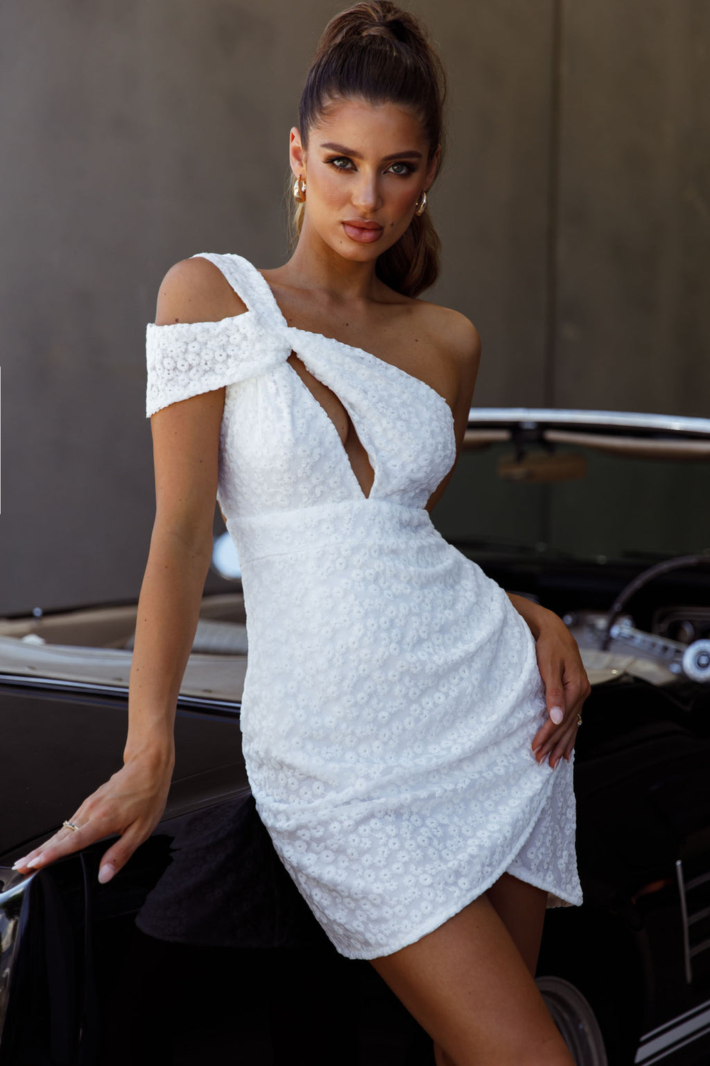 Sing Your Praises One-Shoulder Keyhole Bust Embroidery Mini Dress White by Selfie Leslie